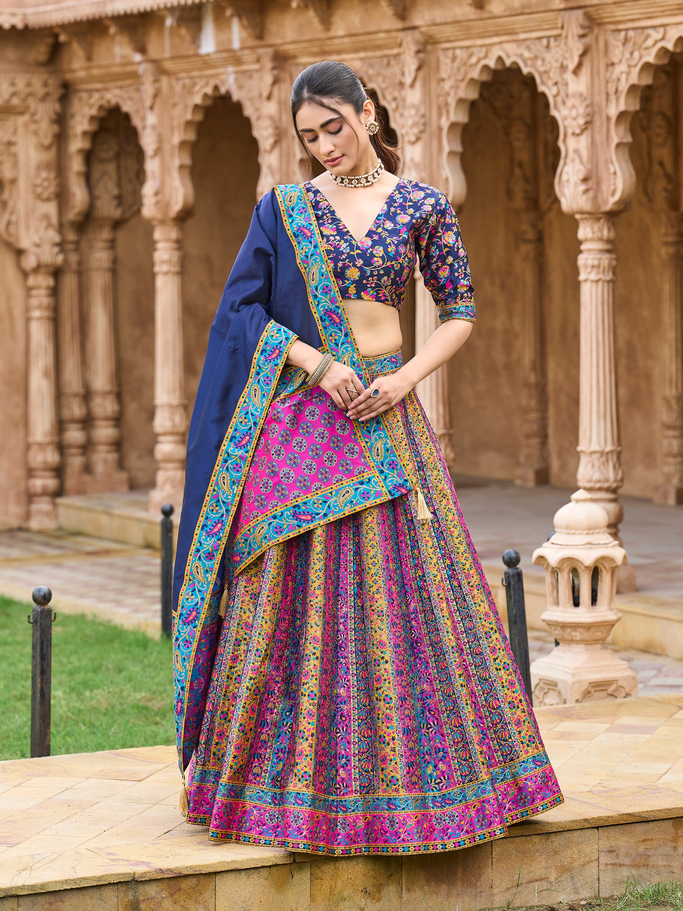Women's Navy-Blue Jacquard Crape Lehengas