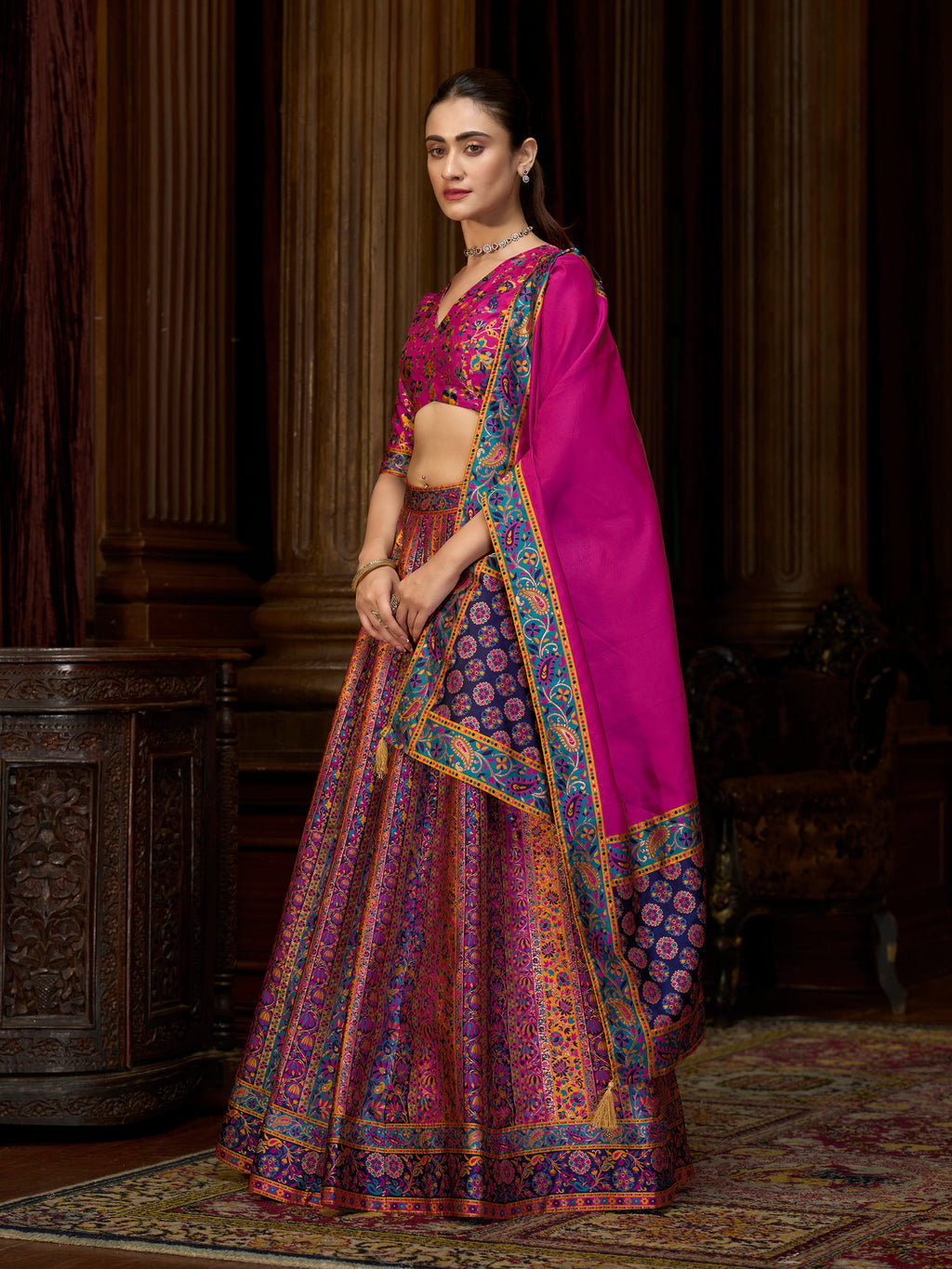 Women's Pink Jacquard Crape Lehengas