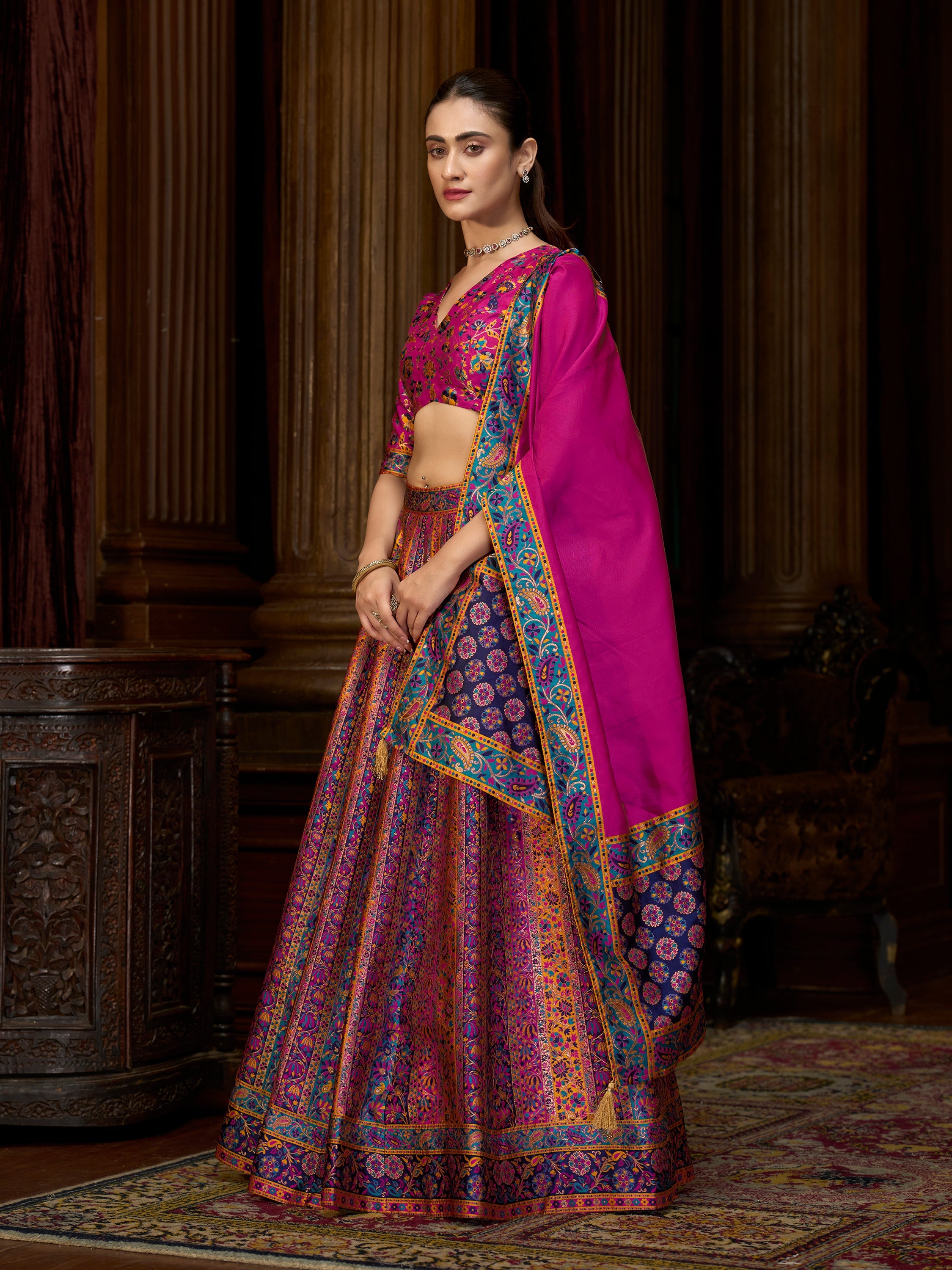Women's Pink Jacquard Crape Lehengas