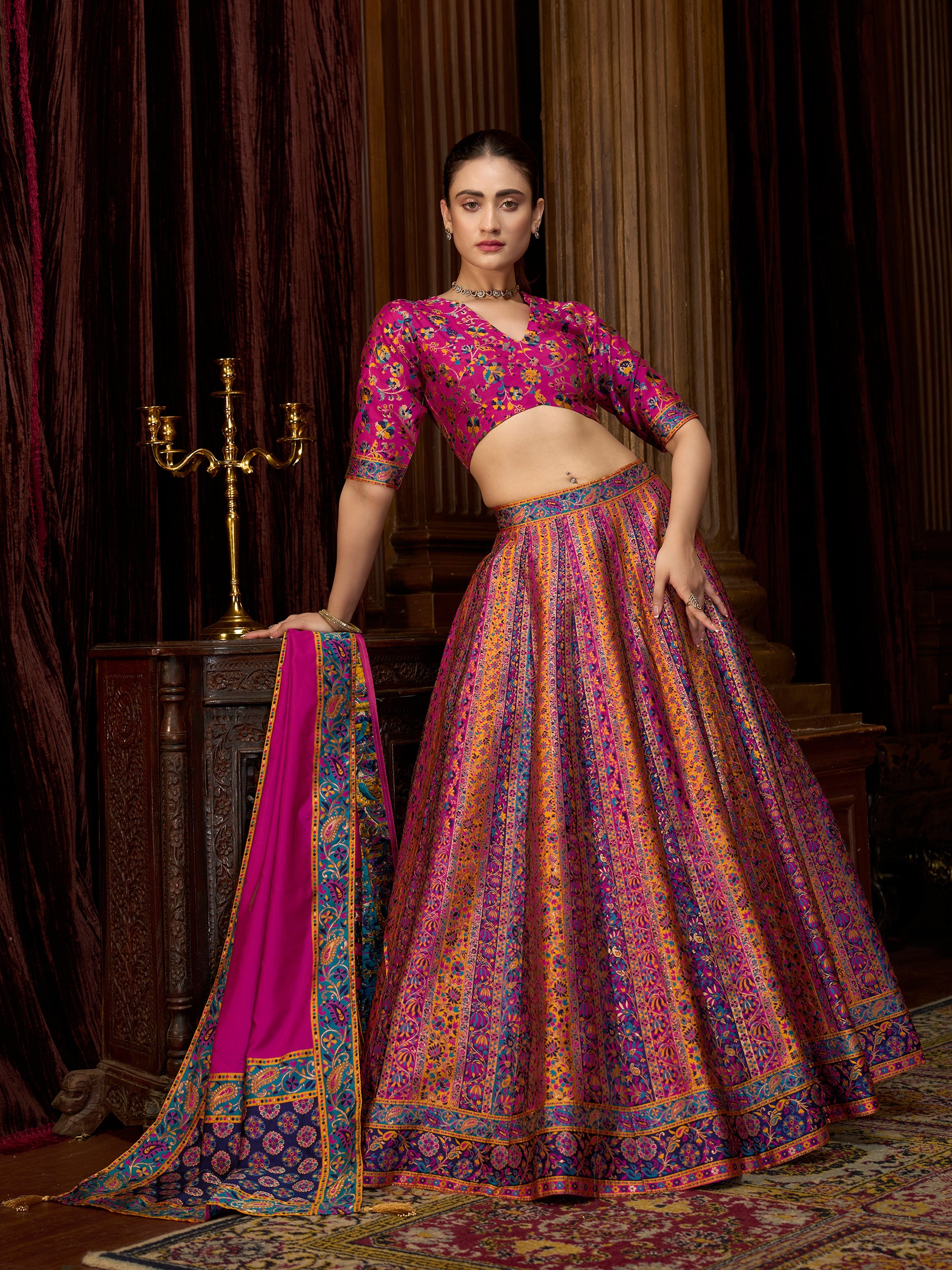 Women's Pink Jacquard Crape Lehengas