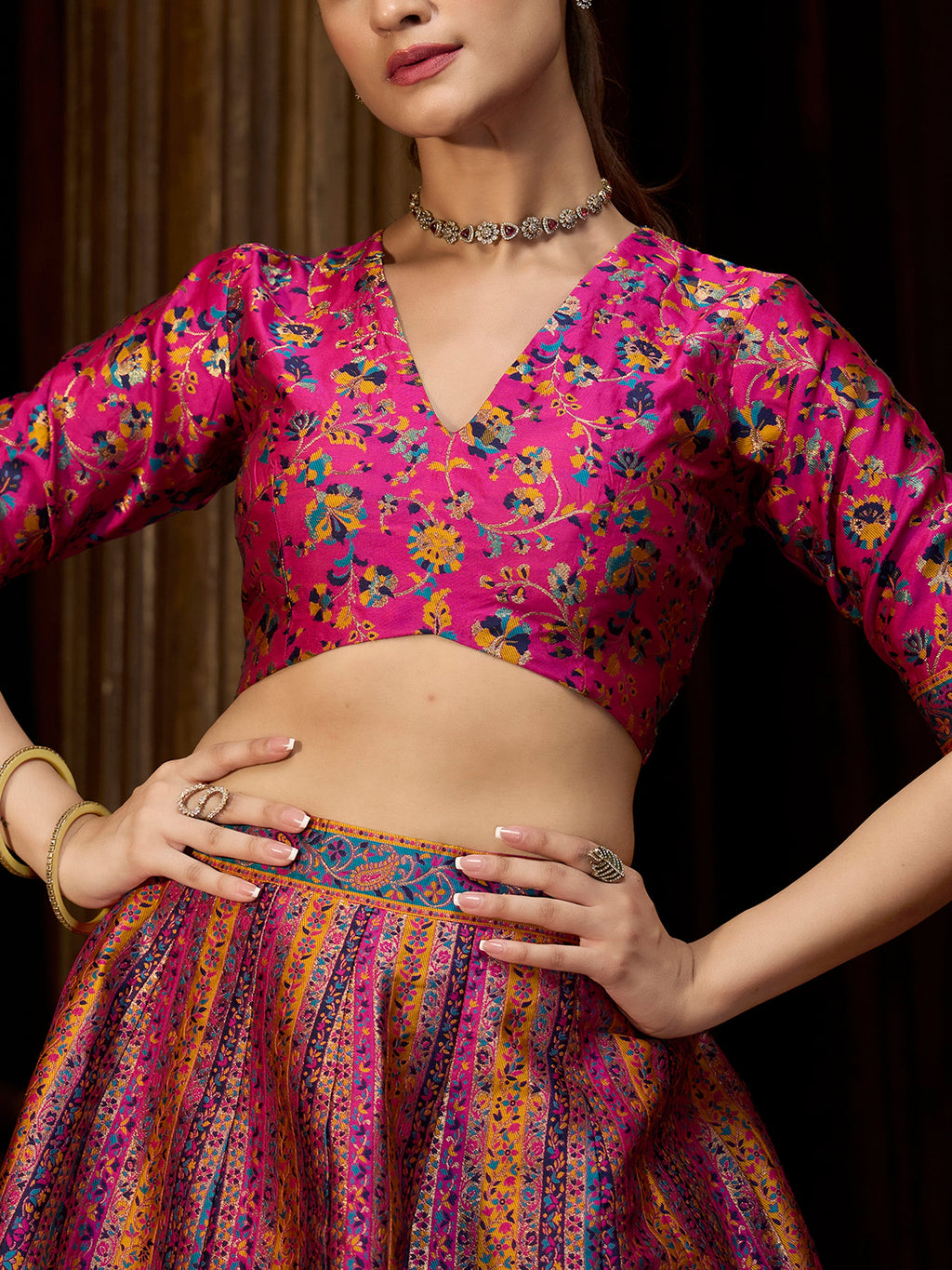 Women's Pink Jacquard Crape Lehengas