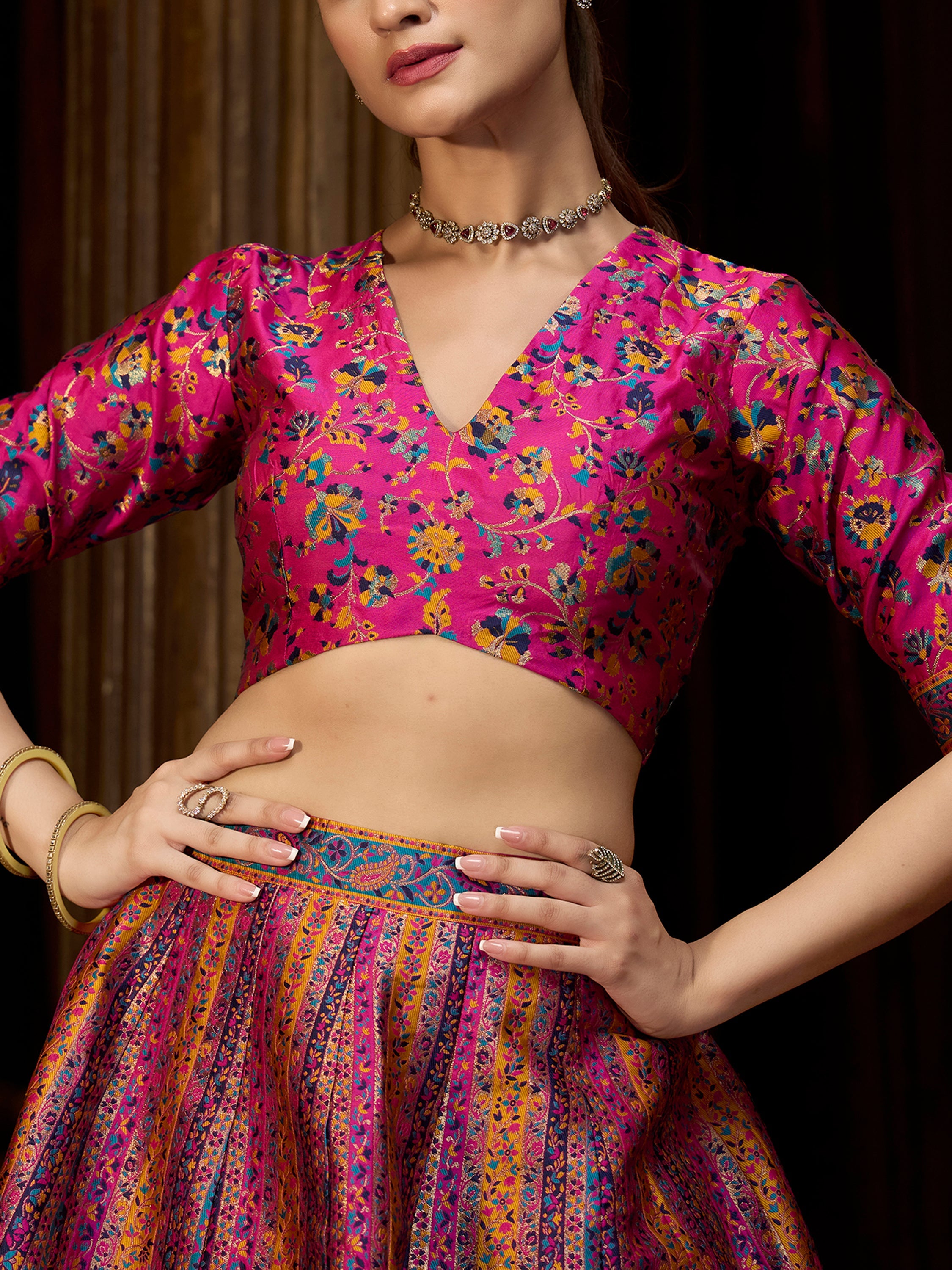 Women's Pink Jacquard Crape Lehengas