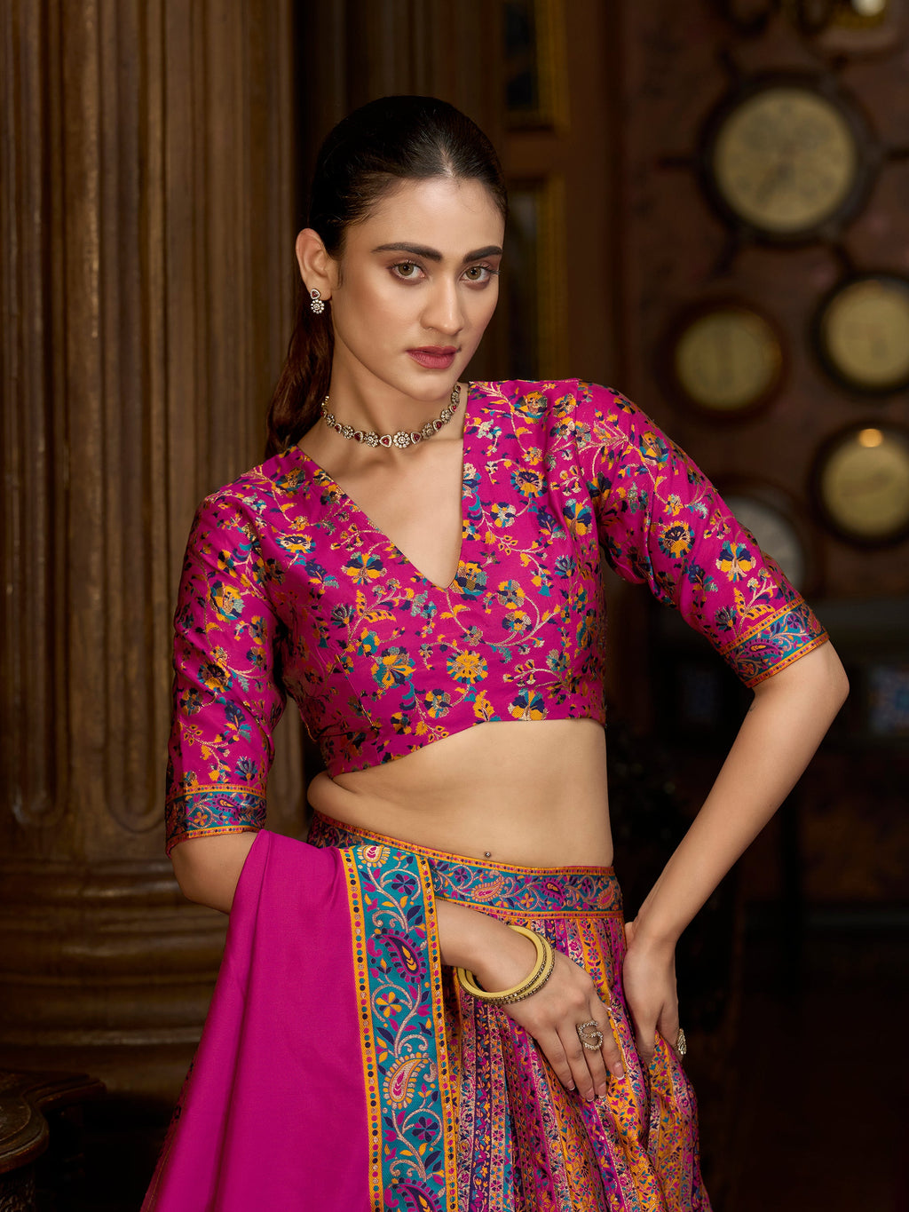 Women's Pink Jacquard Crape Lehengas