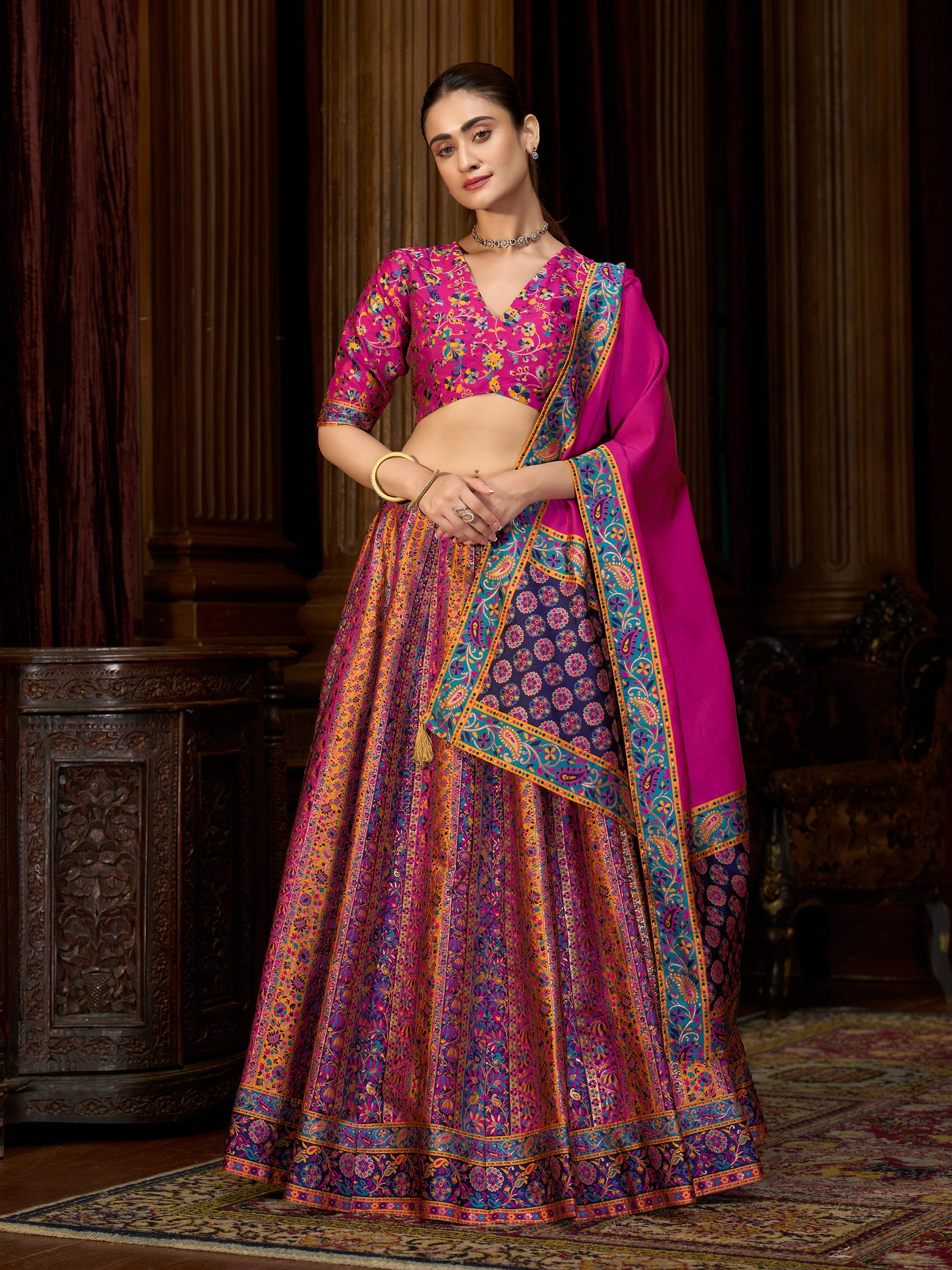 Women's Pink Jacquard Crape Lehengas