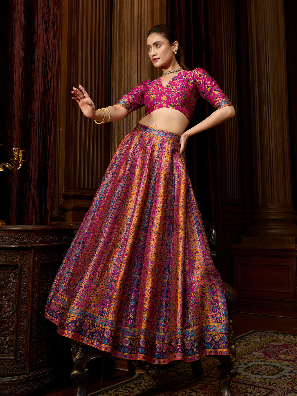 Women's Pink Jacquard Crape Lehengas