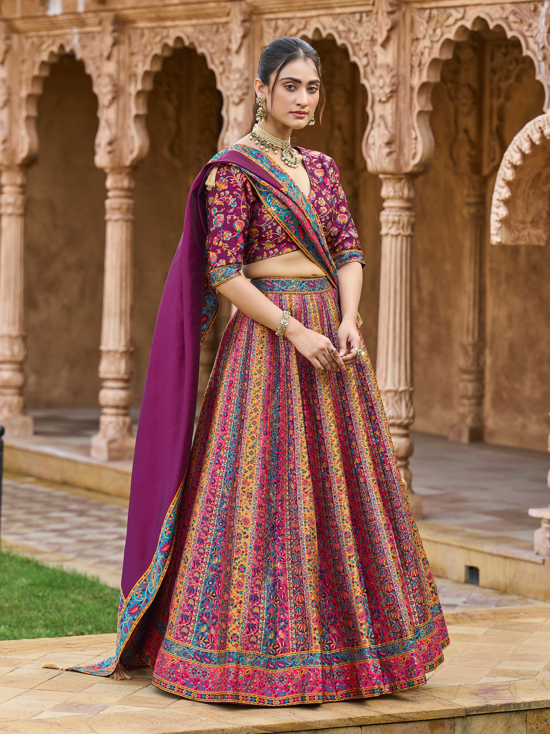Women's Wine Jacquard Crape Lehengas