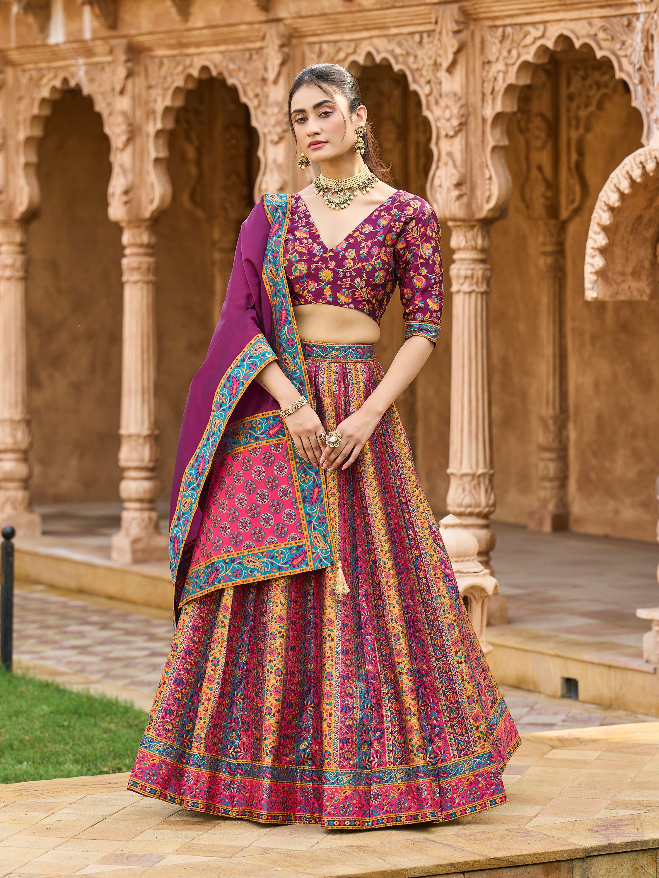 Women's Wine Jacquard Crape Lehengas