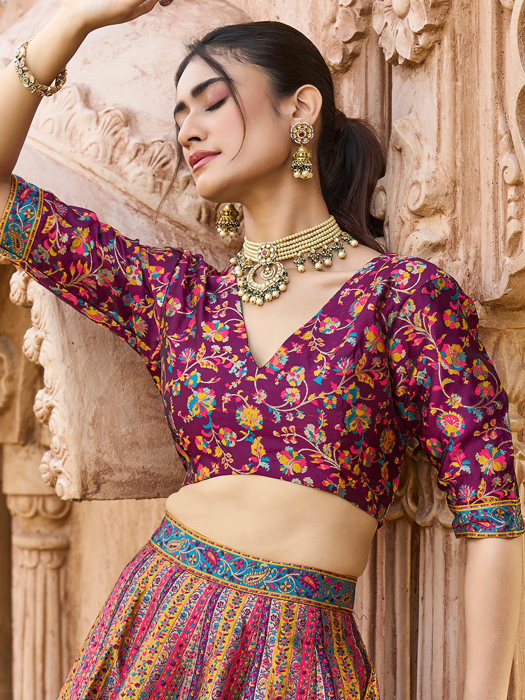 Women's Wine Jacquard Crape Lehengas