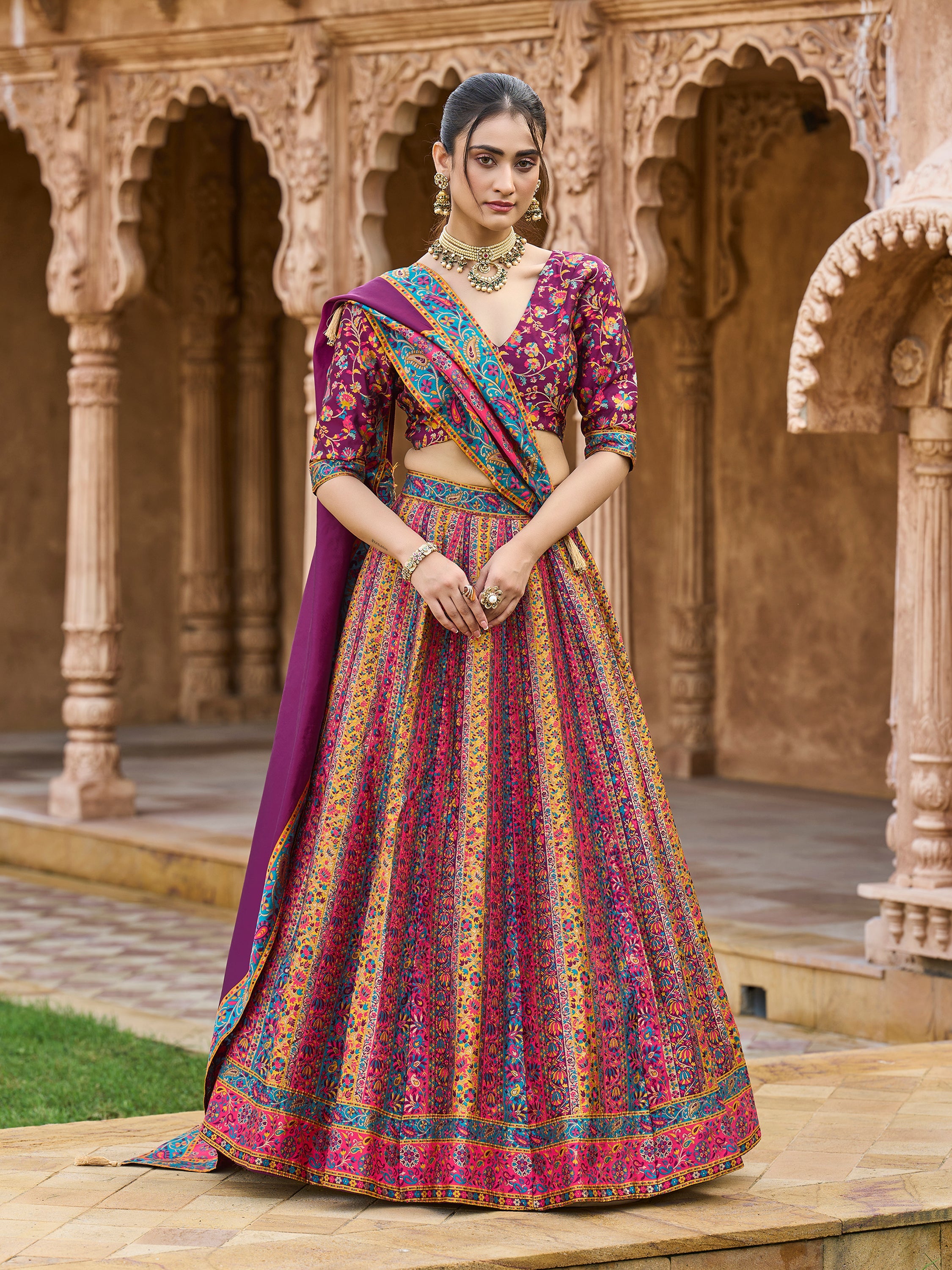 Women's Wine Jacquard Crape Lehengas