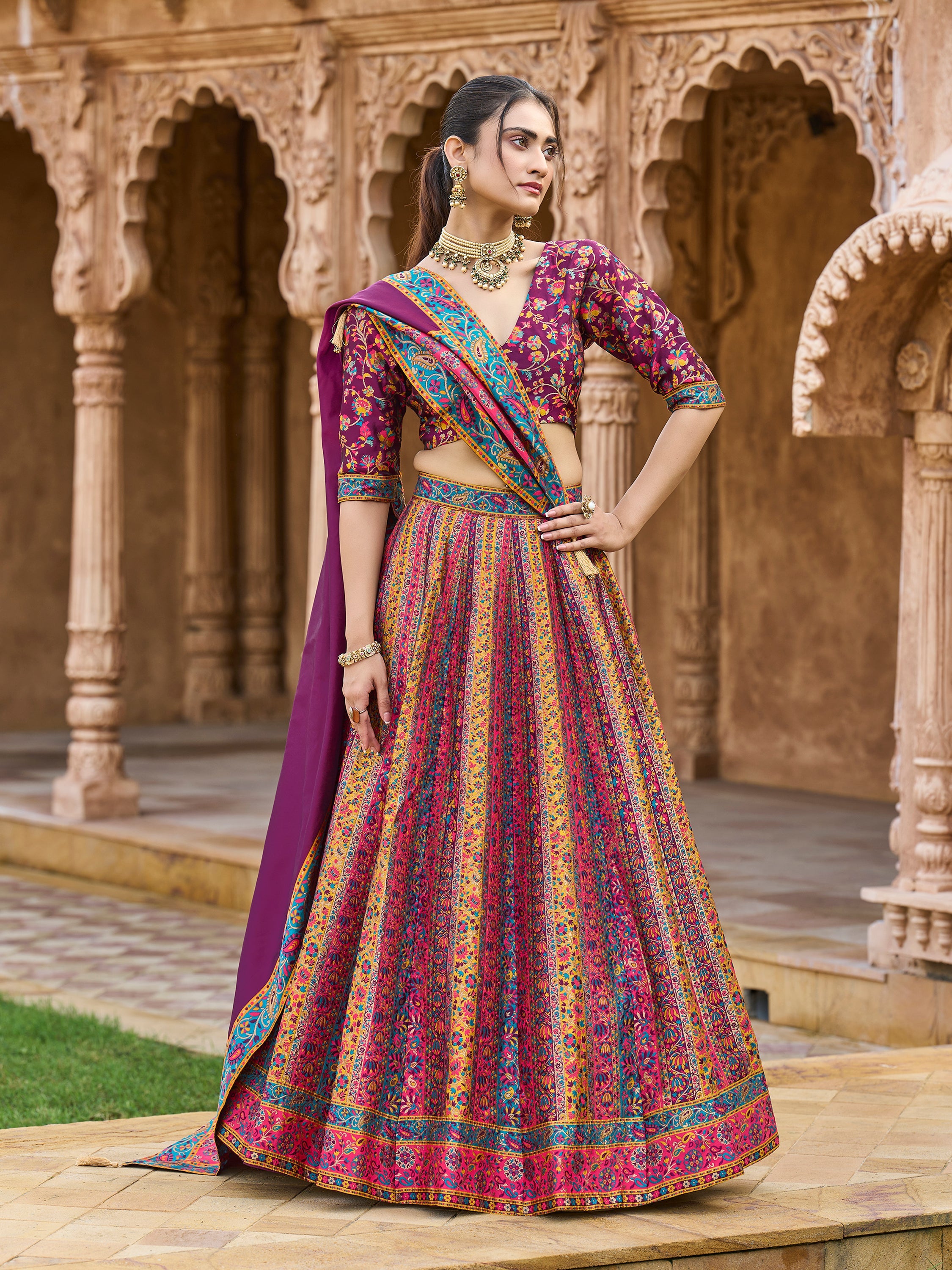 Women's Wine Jacquard Crape Lehengas