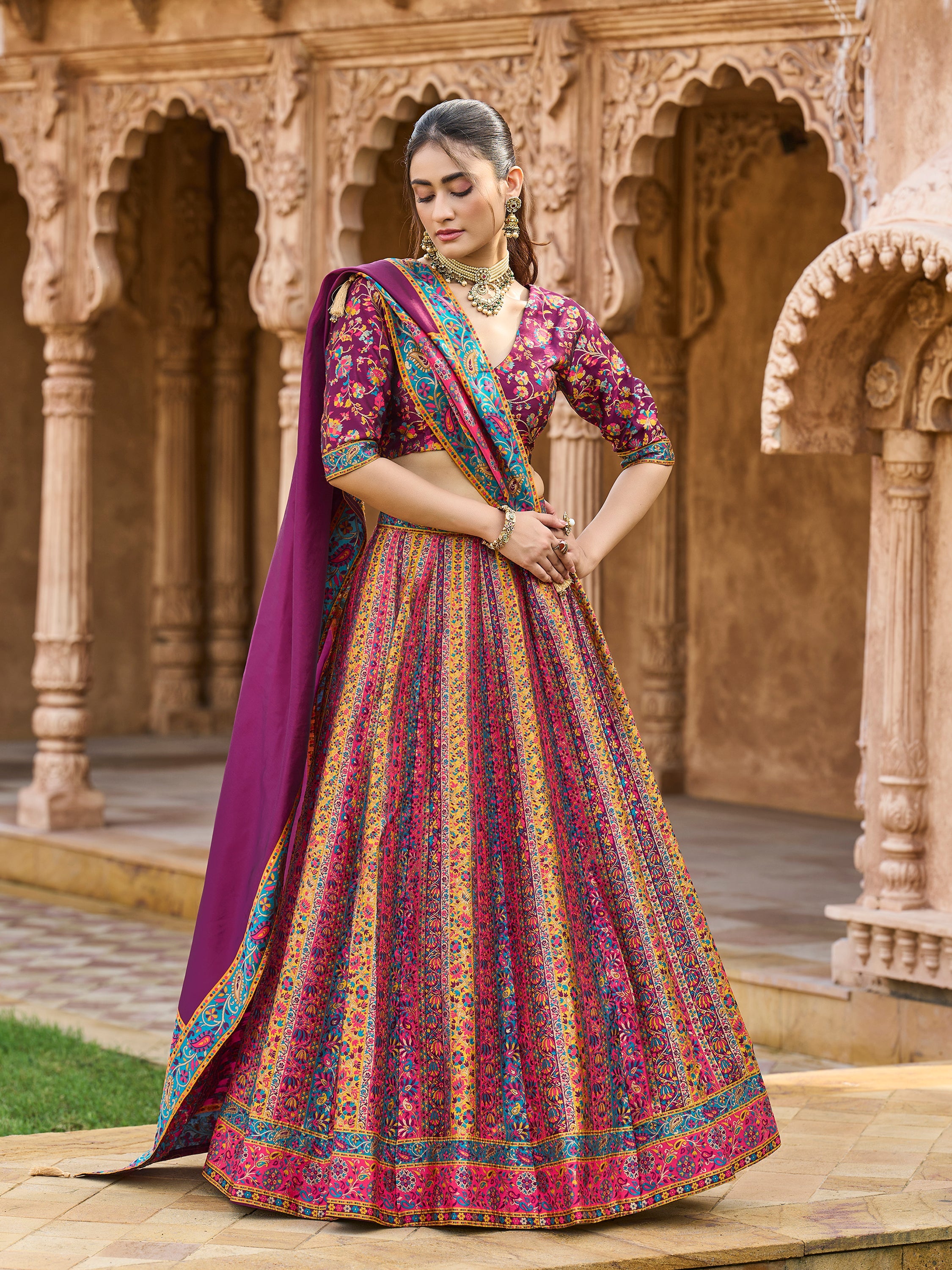 Women's Wine Jacquard Crape Lehengas