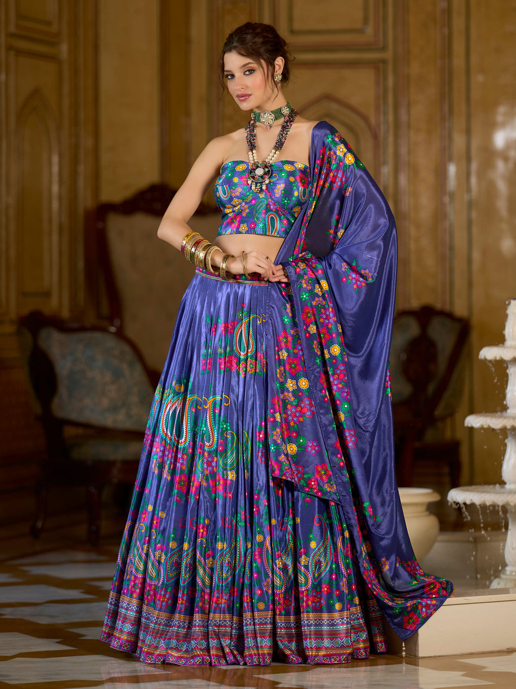 Women's Blue Chinon Lehengas