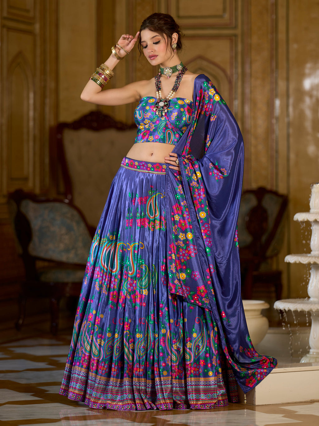 Women's Blue Chinon Lehengas