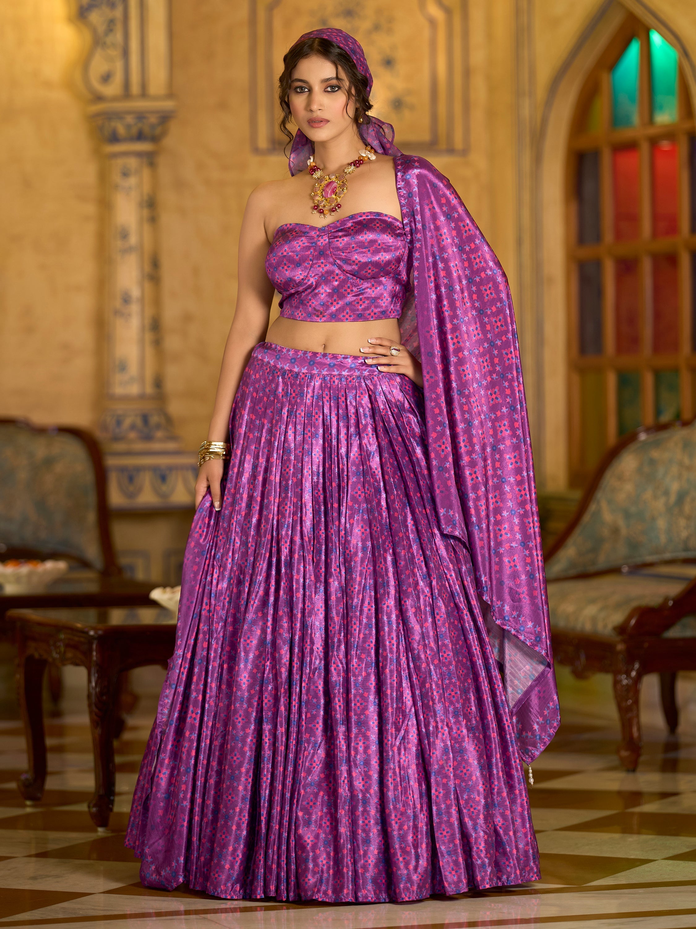Women's Lilac Chinon Lehengas