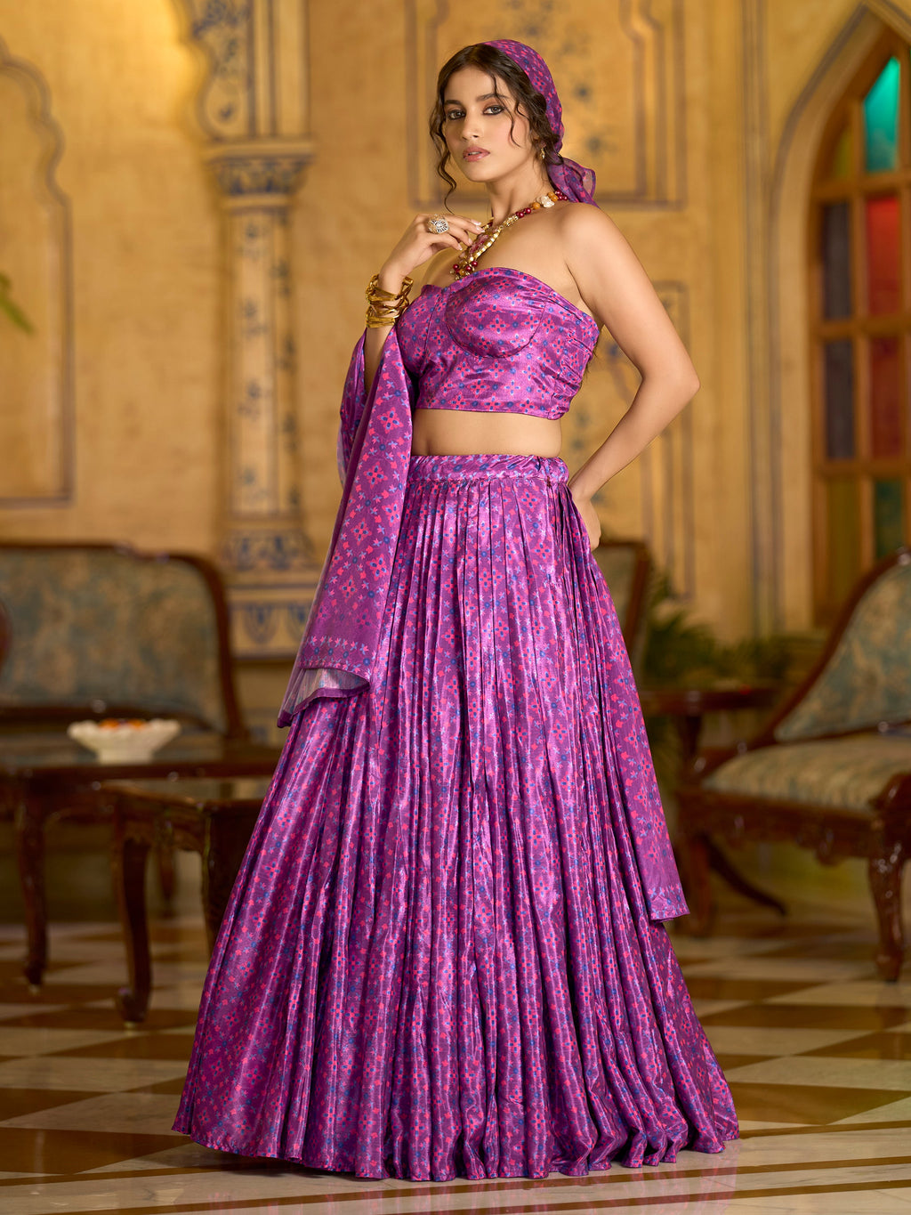 Women's Lilac Chinon Lehengas