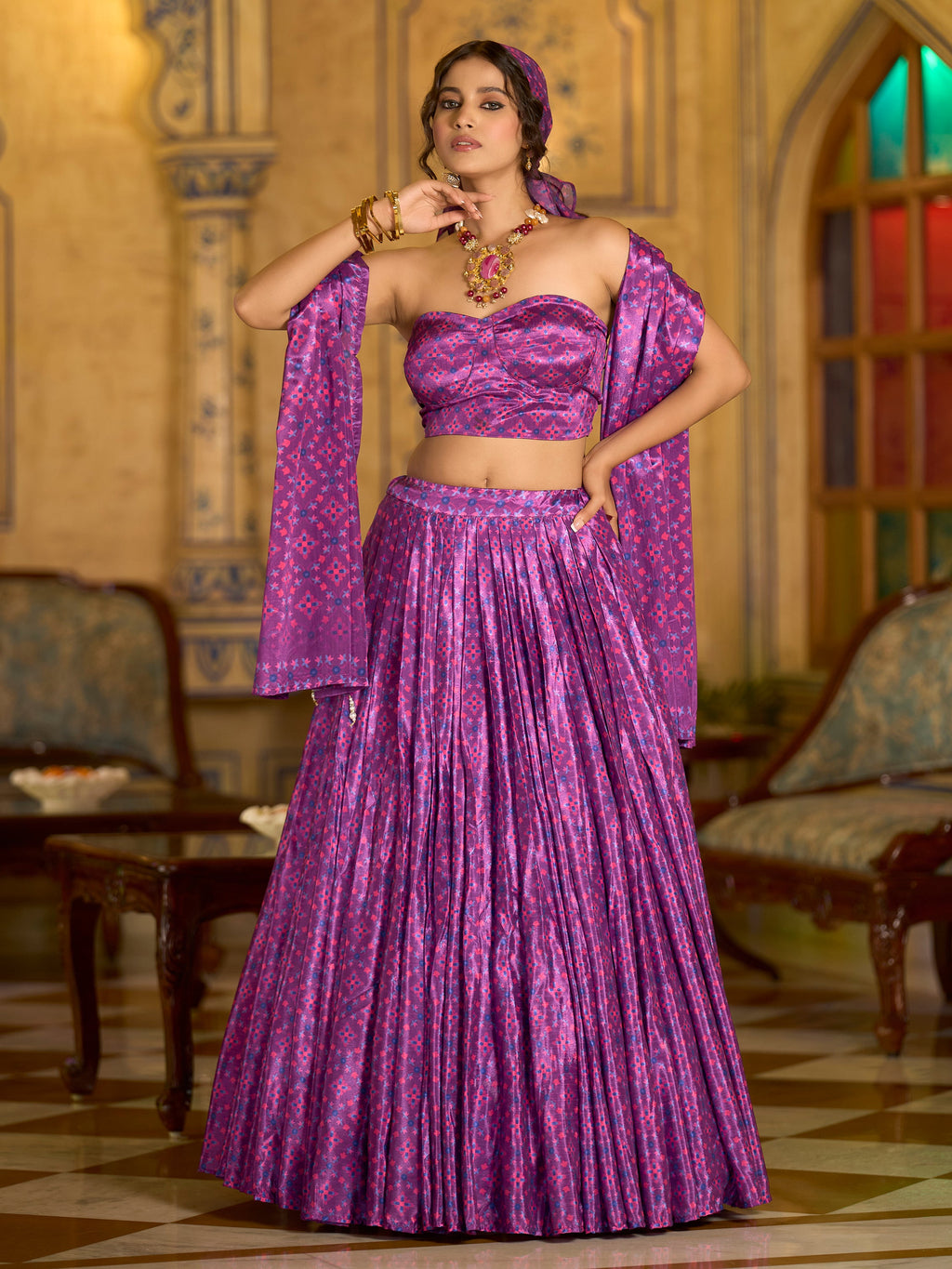 Women's Lilac Chinon Lehengas