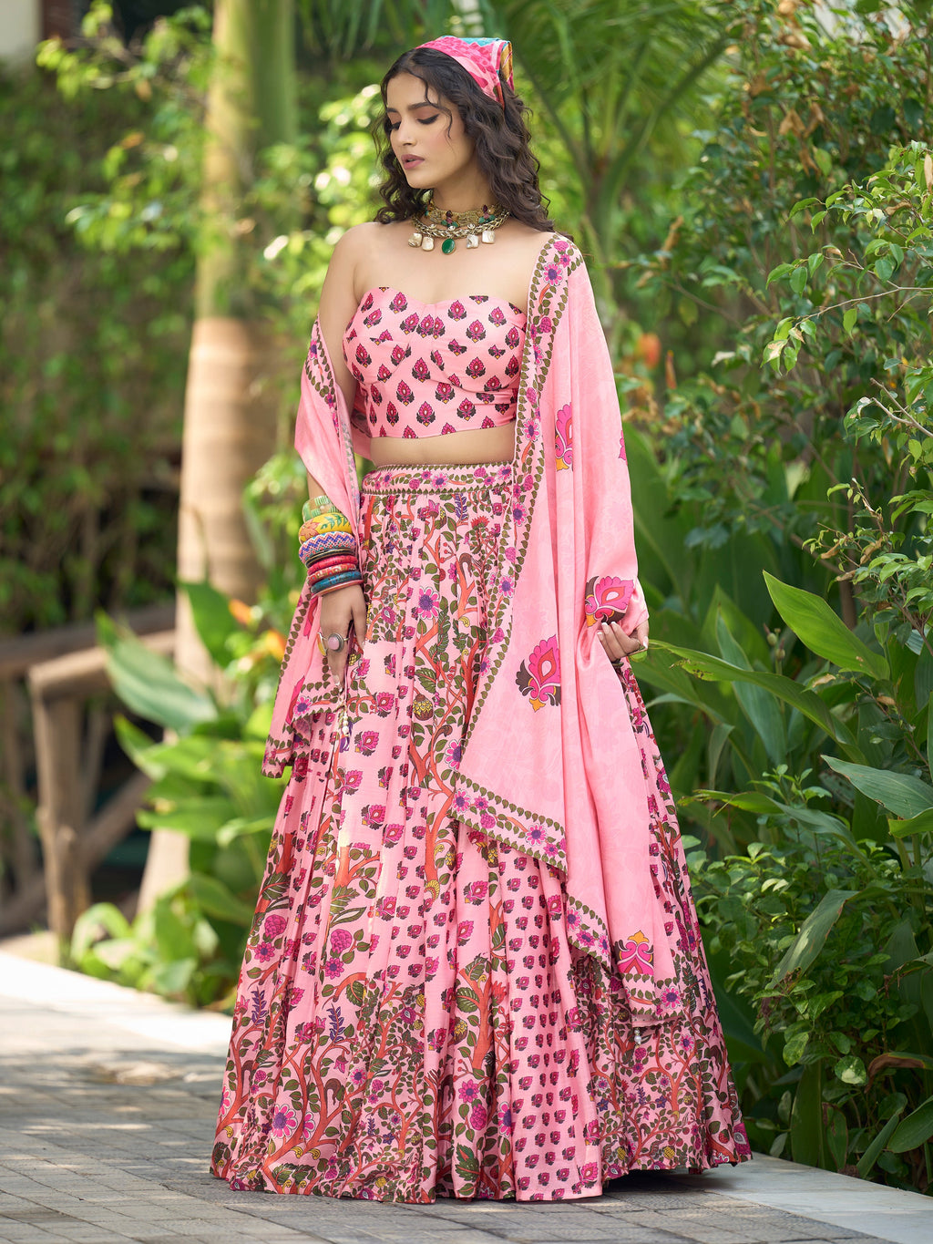 Women's Pink Chinon Lehengas