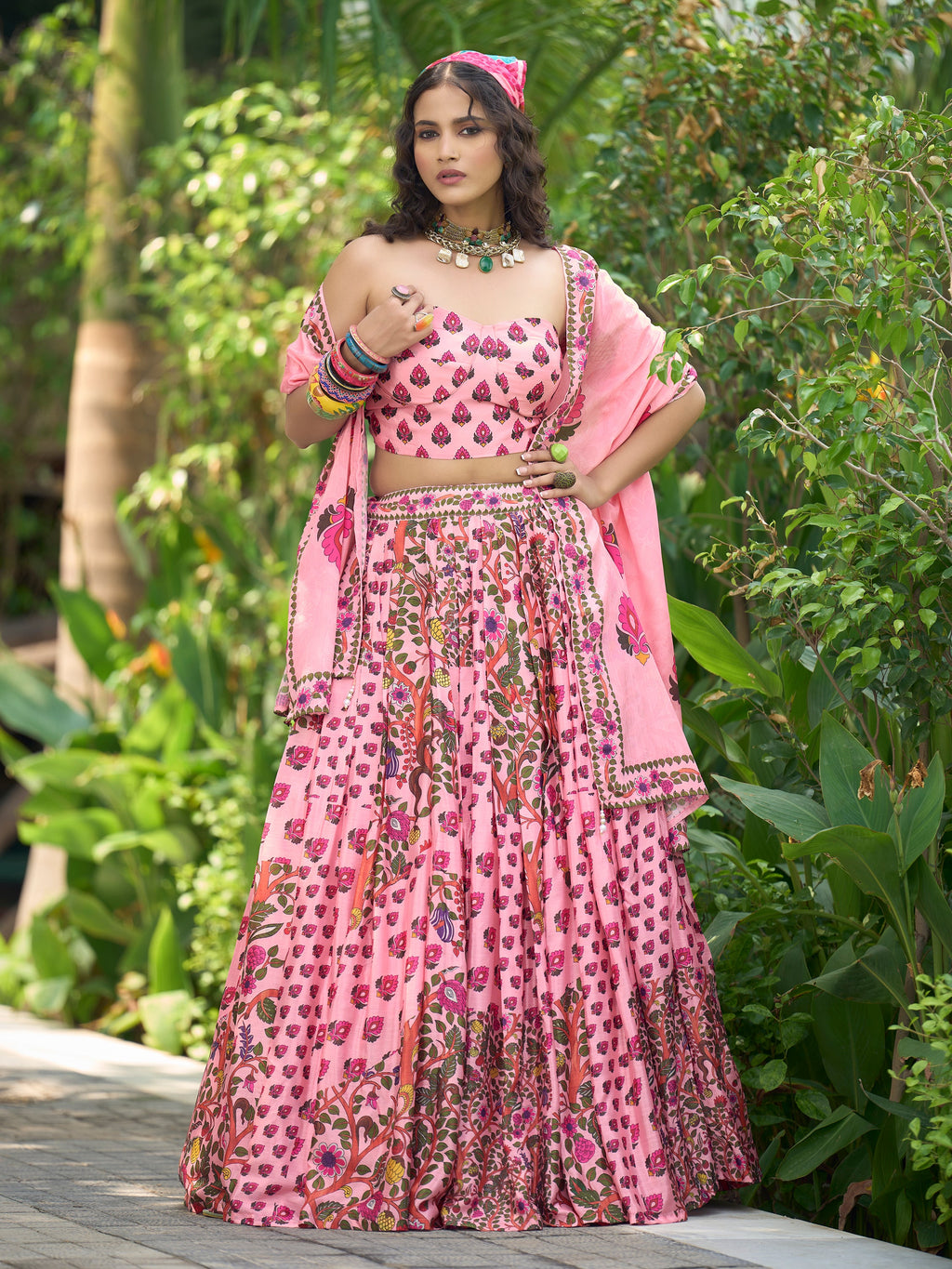 Women's Pink Chinon Lehengas