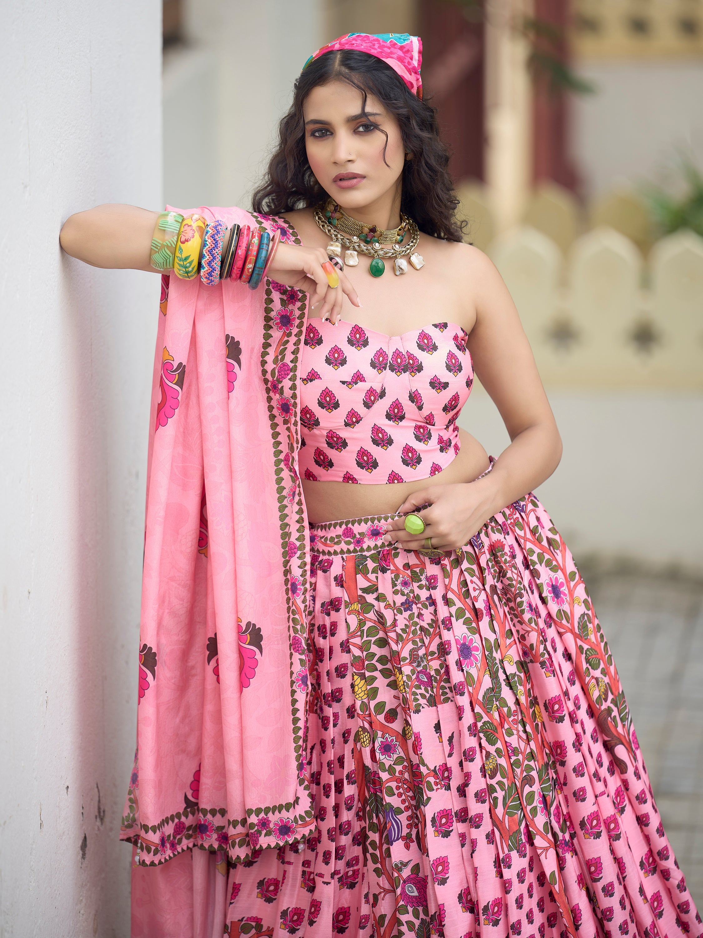 Women's Pink Chinon Lehengas