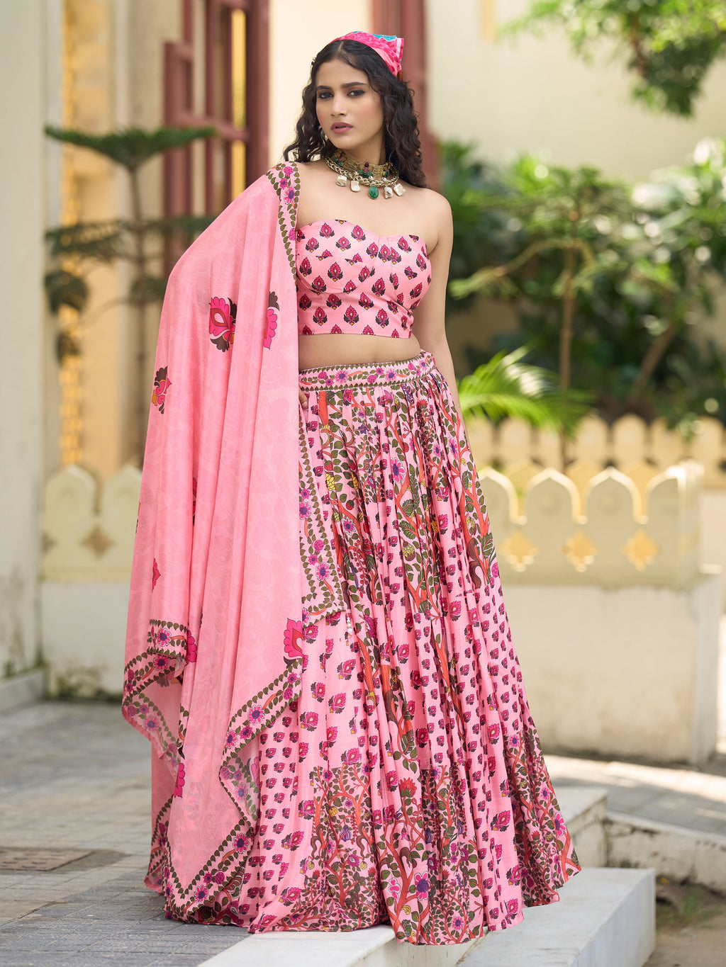 Women's Pink Chinon Lehengas