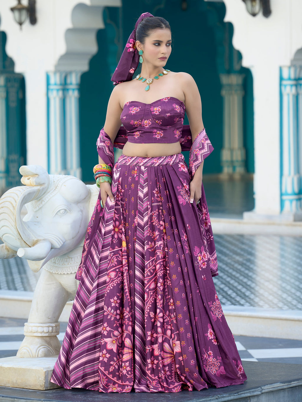 Women's Purple Chinon Lehengas