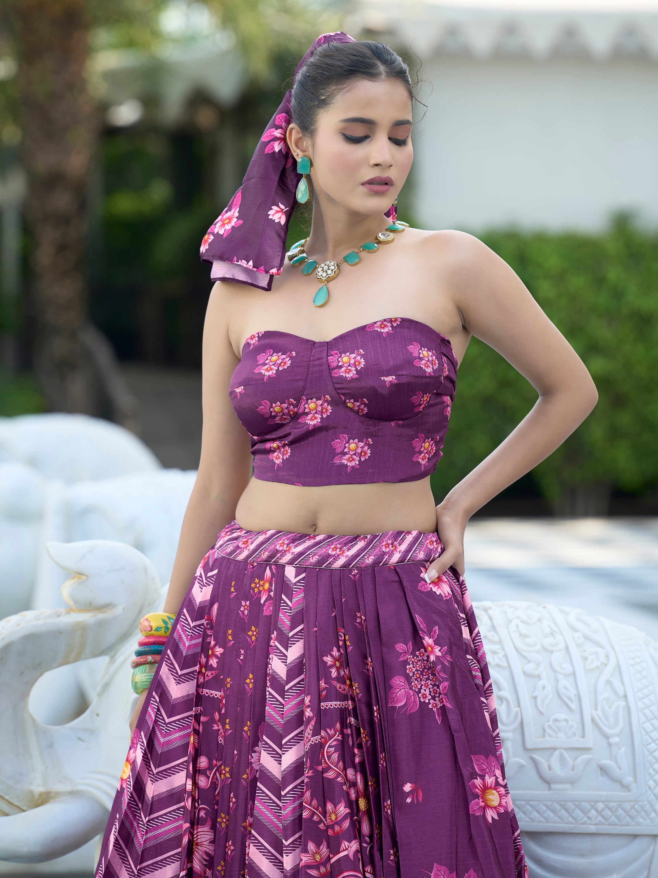 Women's Purple Chinon Lehengas