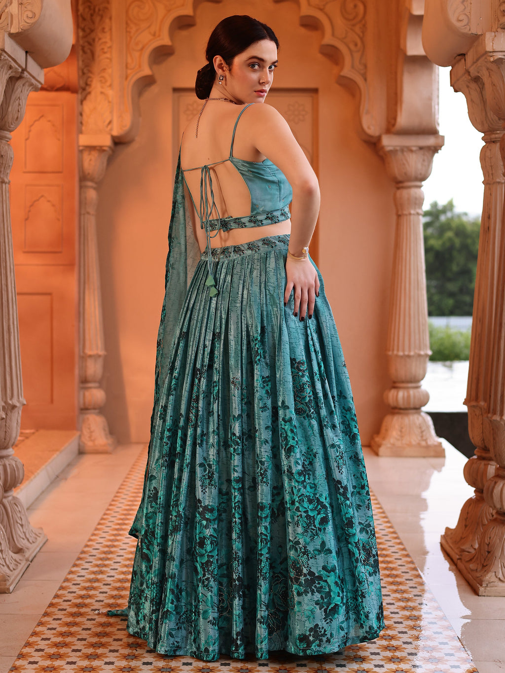 Chinon Printed With Siroski Work Green Lehenga Choli