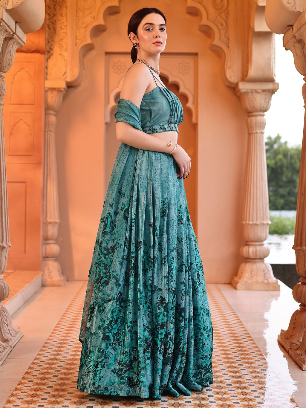 Chinon Printed With Siroski Work Green Lehenga Choli