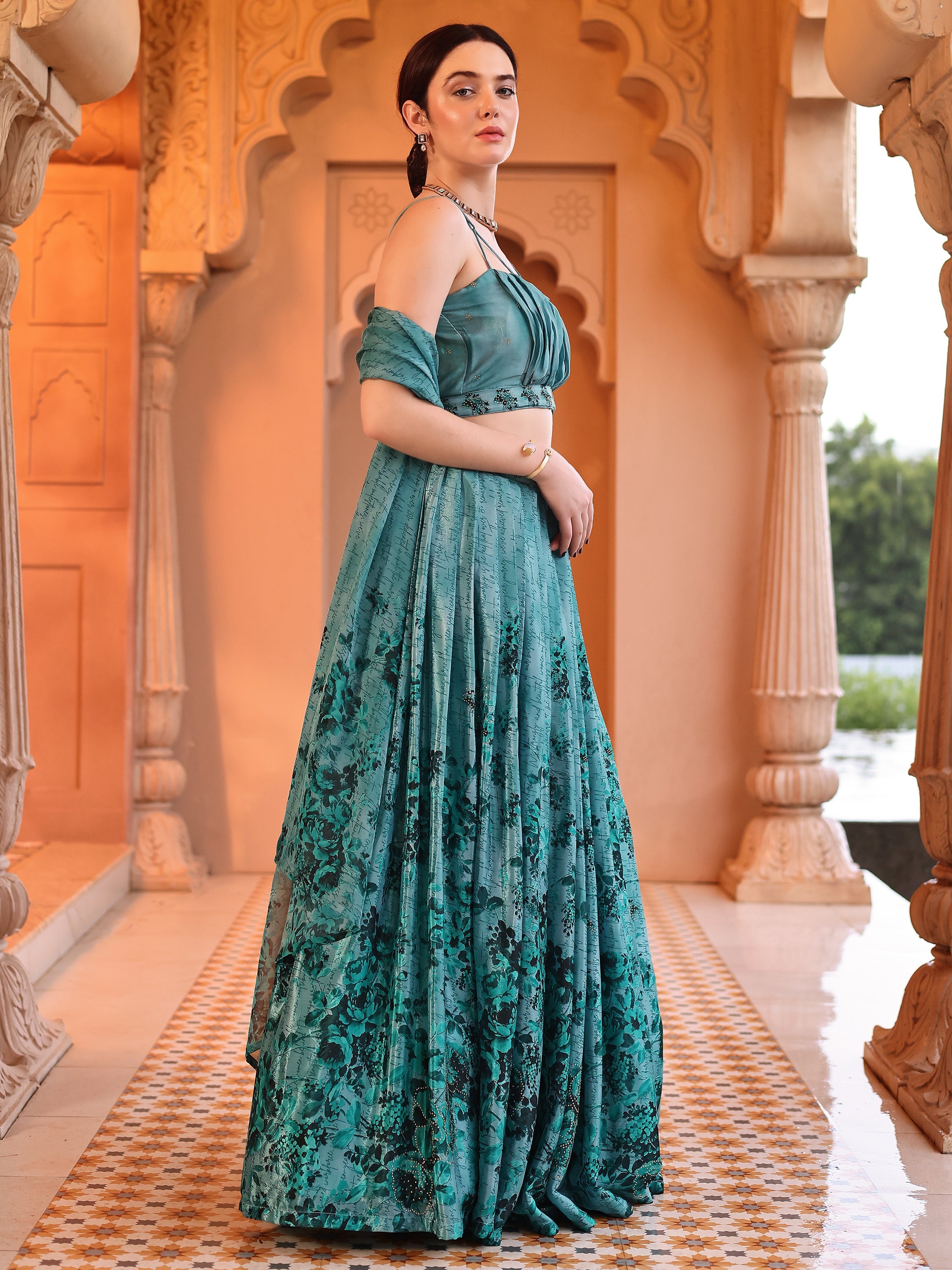 Chinon Printed With Siroski Work Green Lehenga Choli