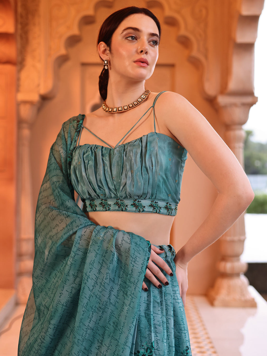 Chinon Printed With Siroski Work Green Lehenga Choli