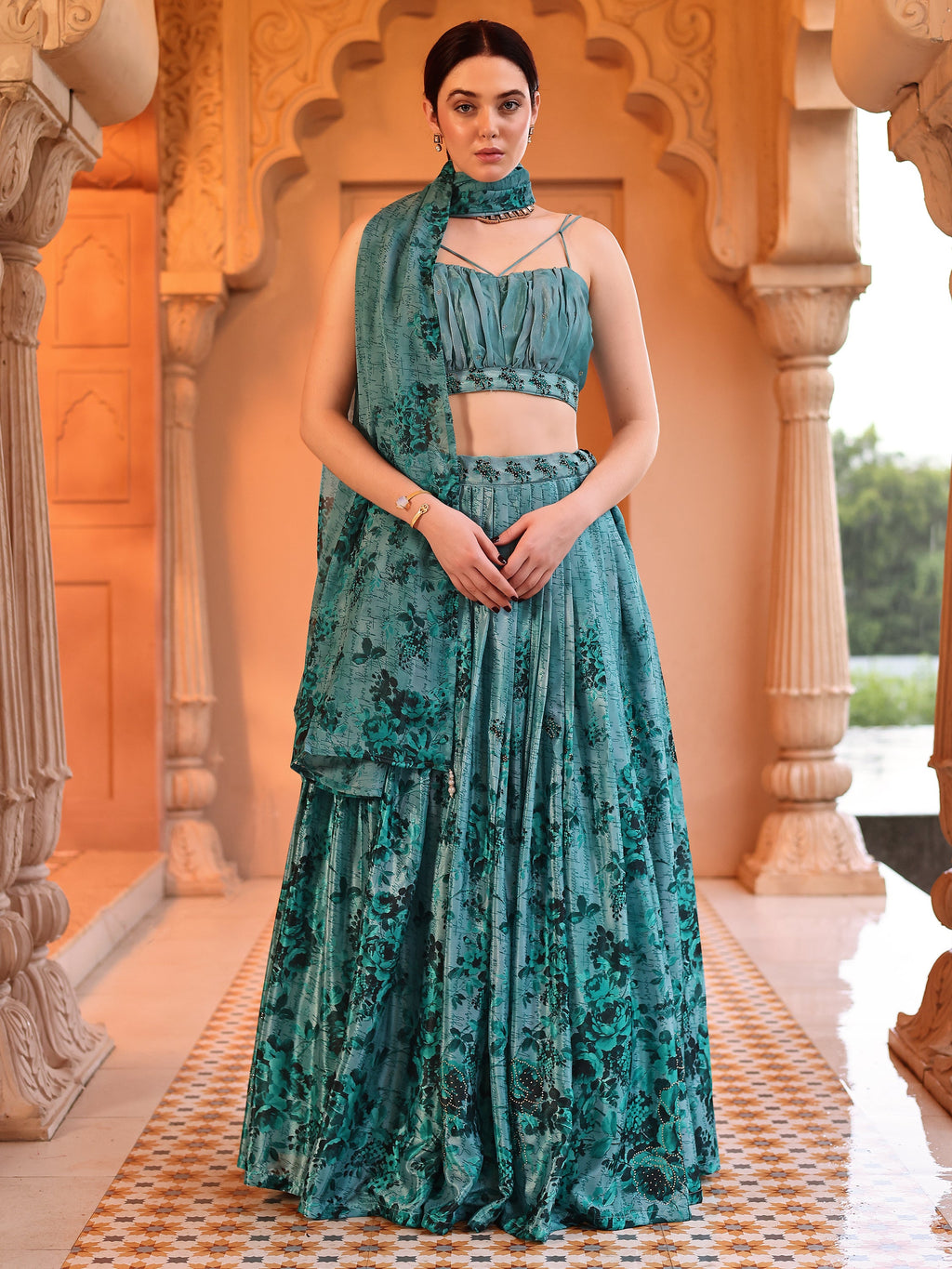 Chinon Printed With Siroski Work Green Lehenga Choli