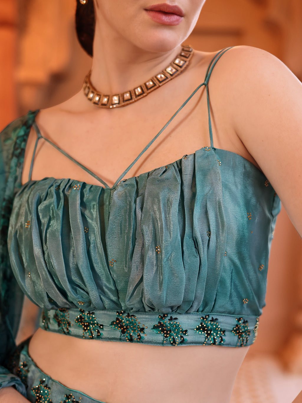 Chinon Printed With Siroski Work Green Lehenga Choli