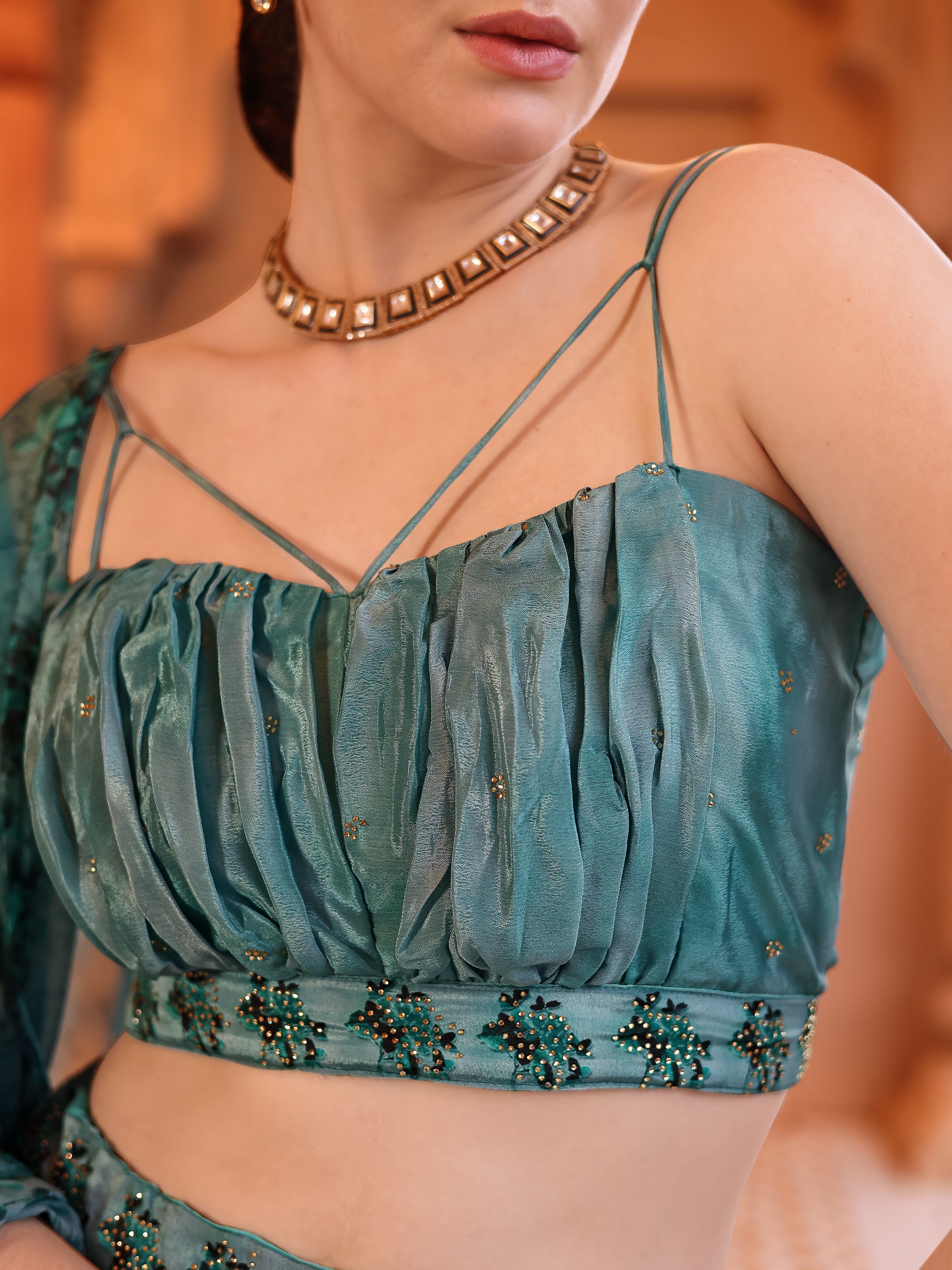 Chinon Printed With Siroski Work Green Lehenga Choli