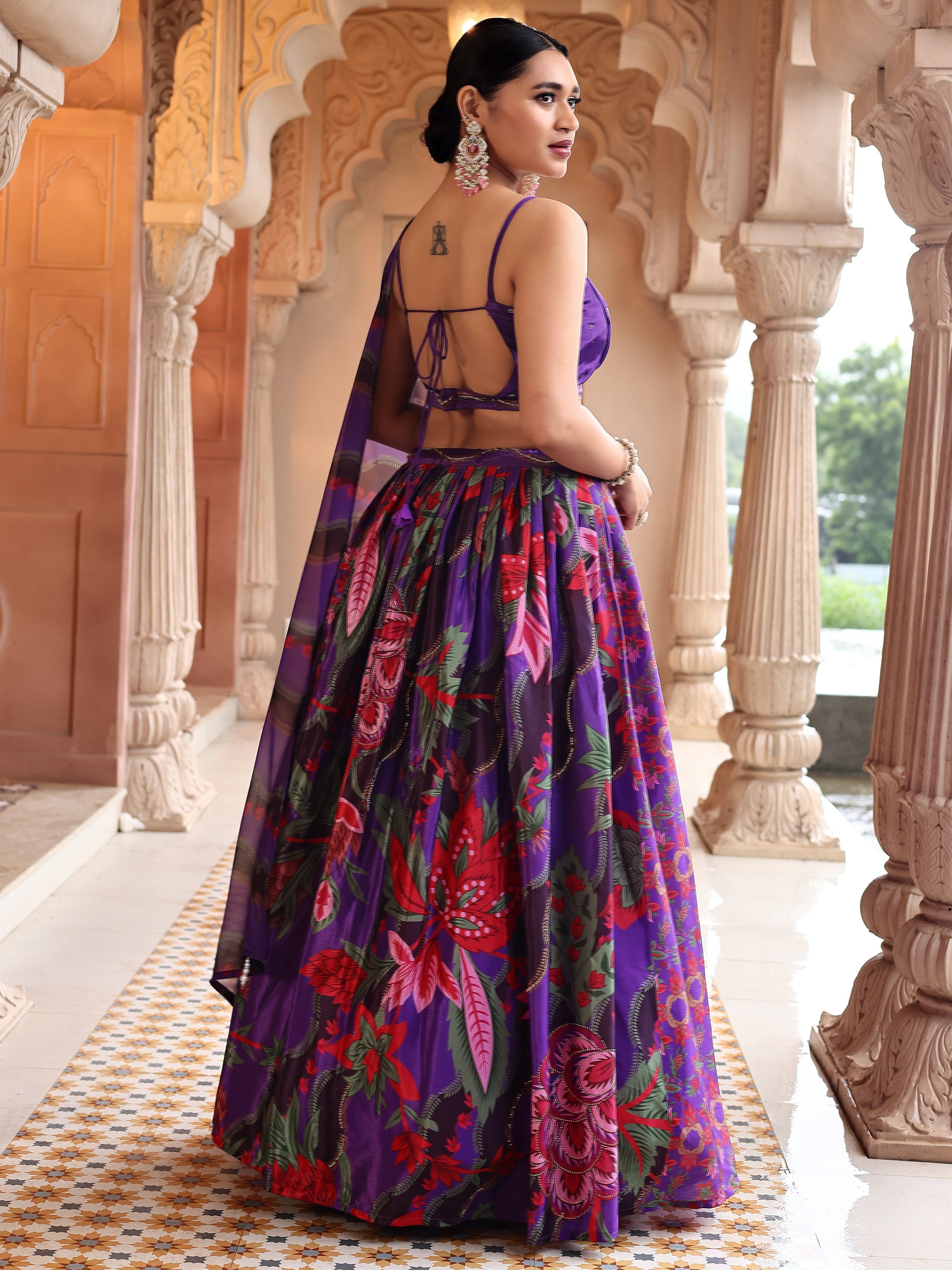 Chinon Printed With Siroski Work Purple Lehenga Choli
