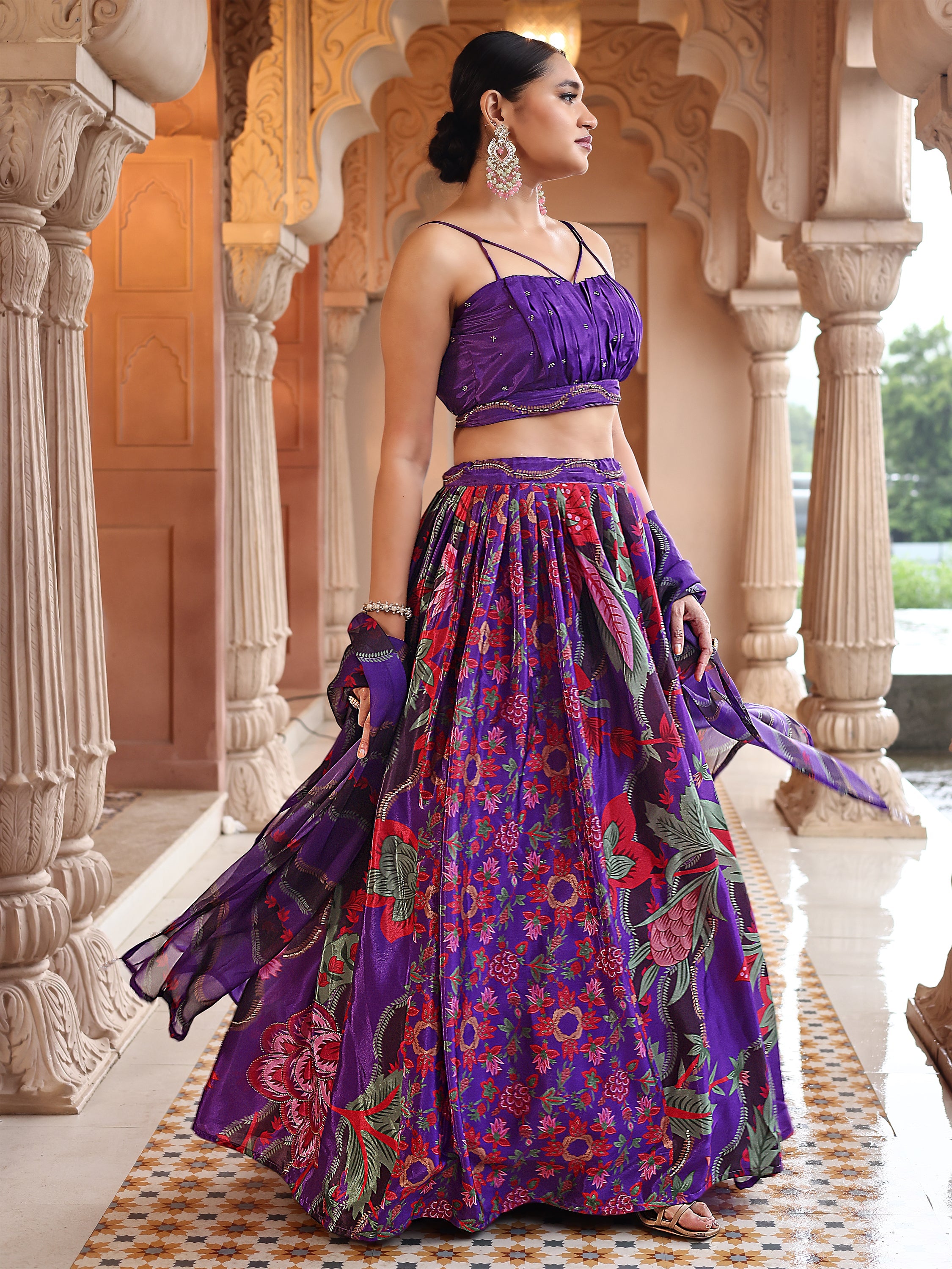 Chinon Printed With Siroski Work Purple Lehenga Choli