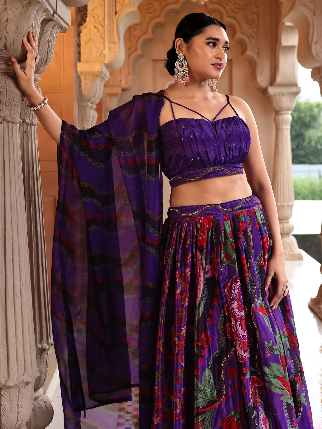 Chinon Printed With Siroski Work Purple Lehenga Choli
