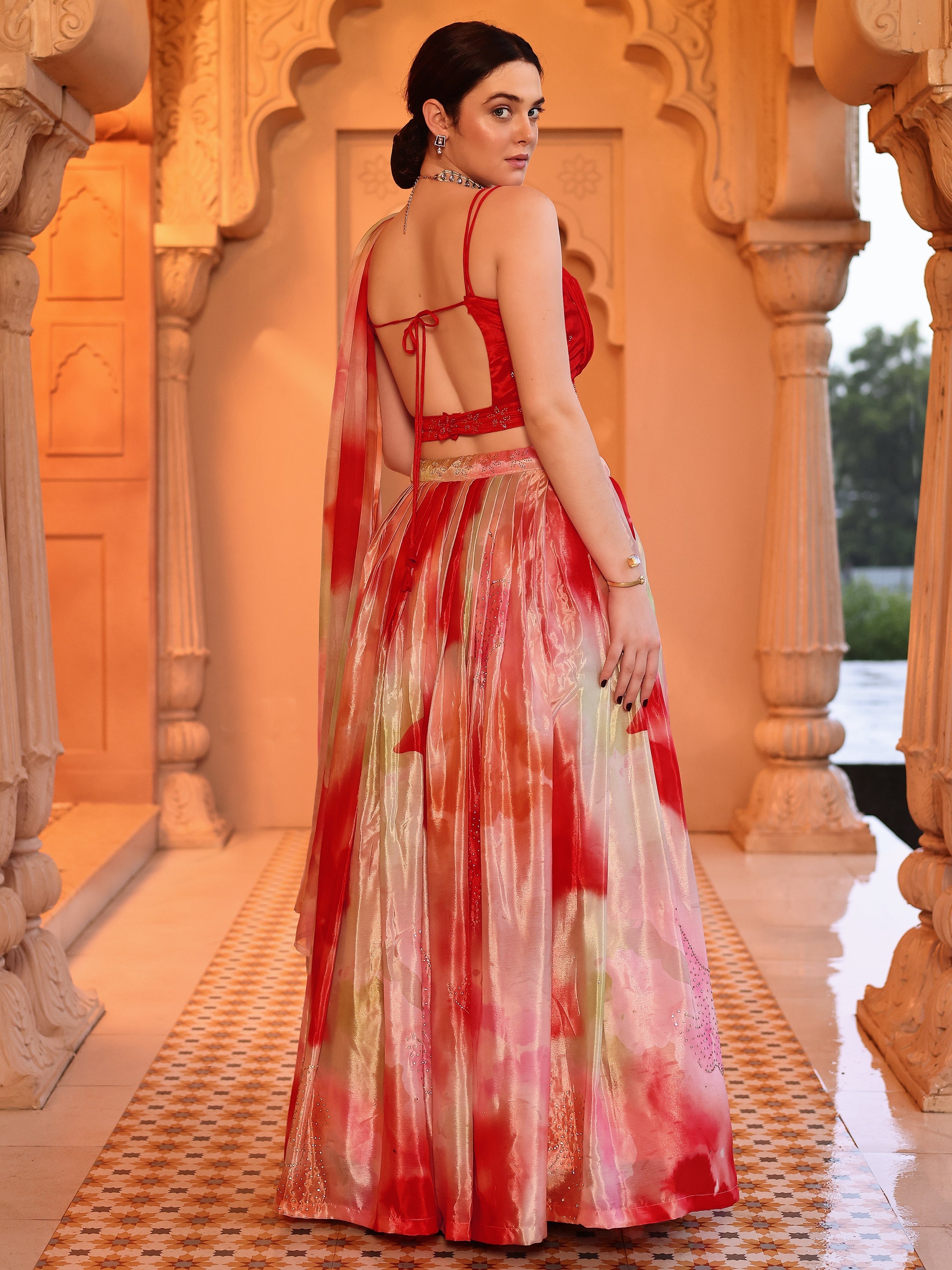 Chinon Printed With Siroski Work Red Lehenga Choli