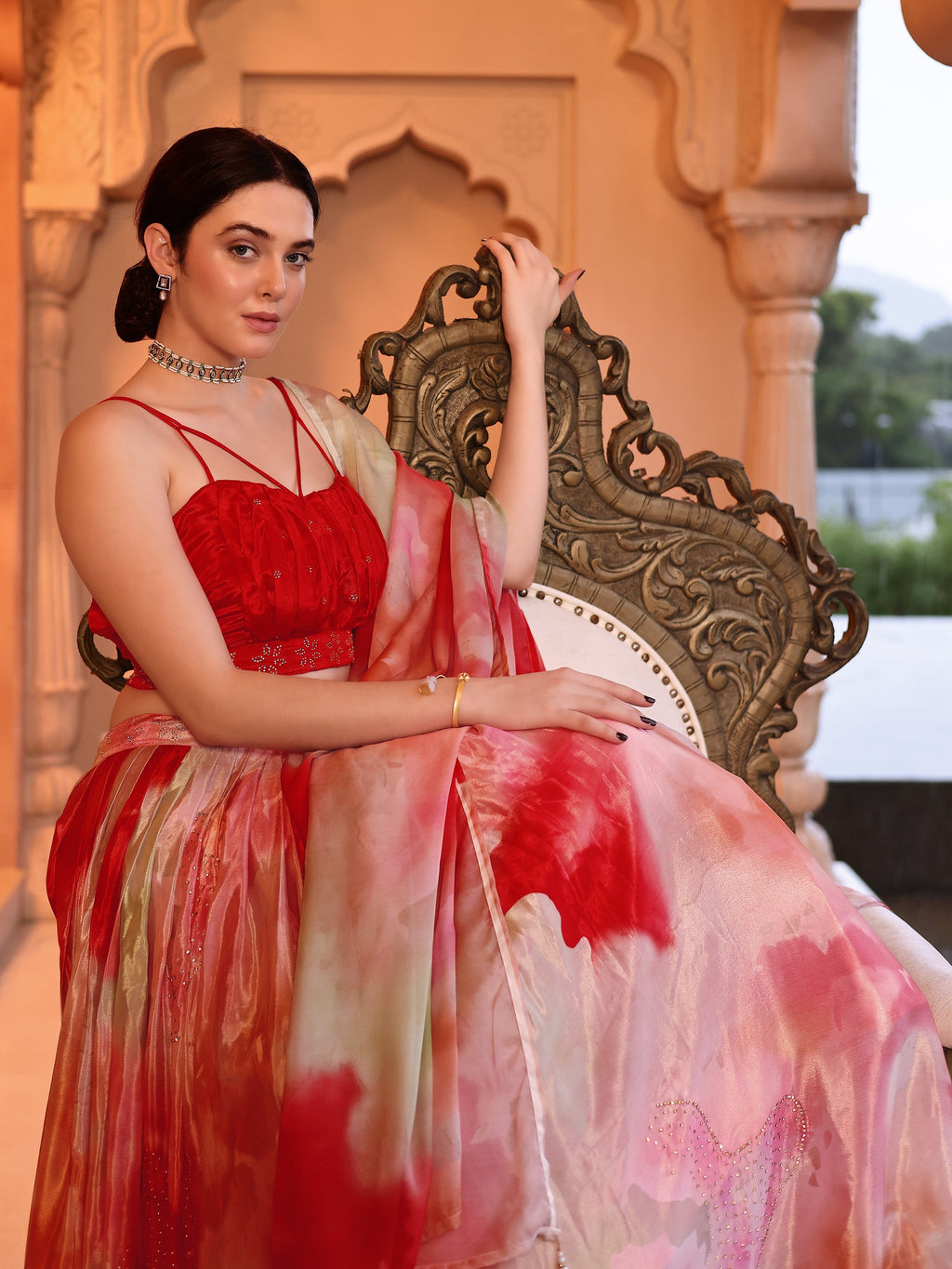 Chinon Printed With Siroski Work Red Lehenga Choli