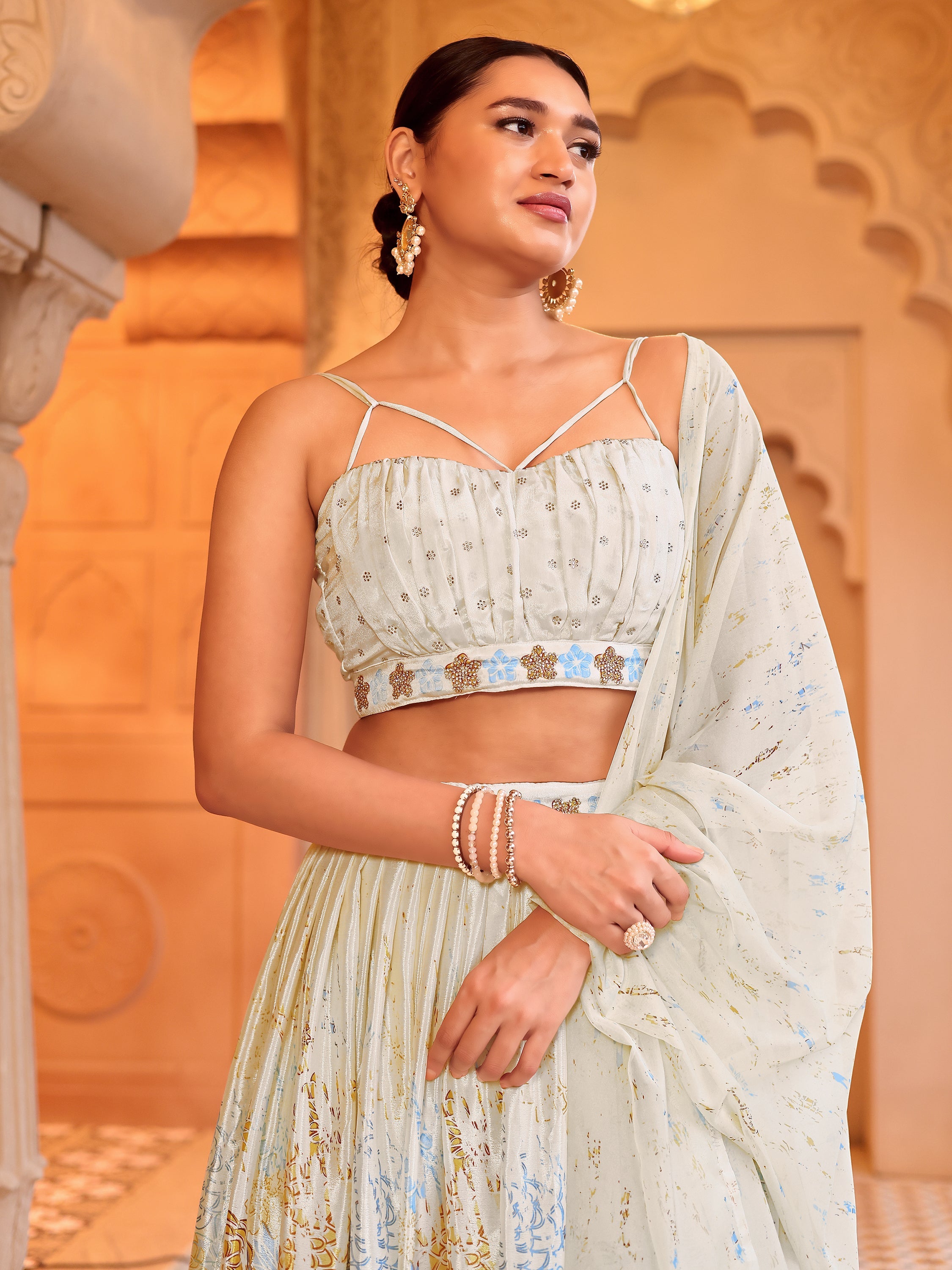 Chinon Printed With Siroski Work Yellow Lehenga Choli