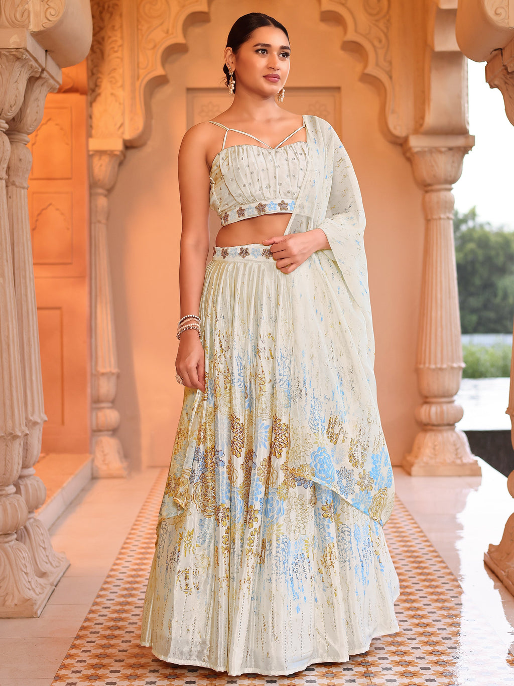 Chinon Printed With Siroski Work Yellow Lehenga Choli