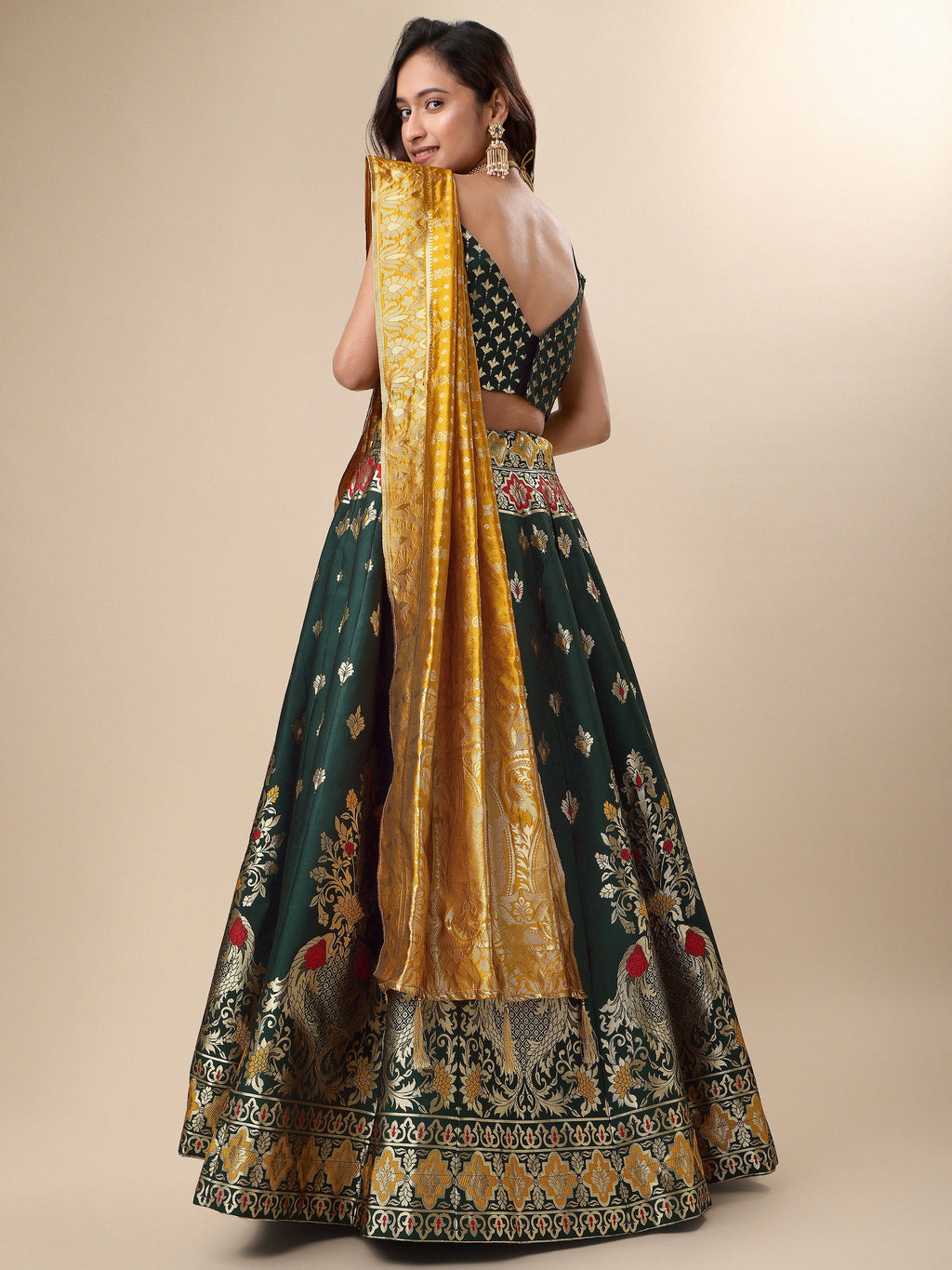 Enhanced Fish Motifs Dark Green Lehenga Choli