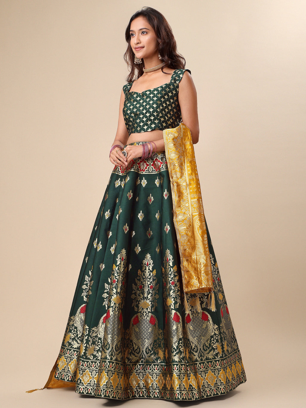 Enhanced Fish Motifs Dark Green Lehenga Choli