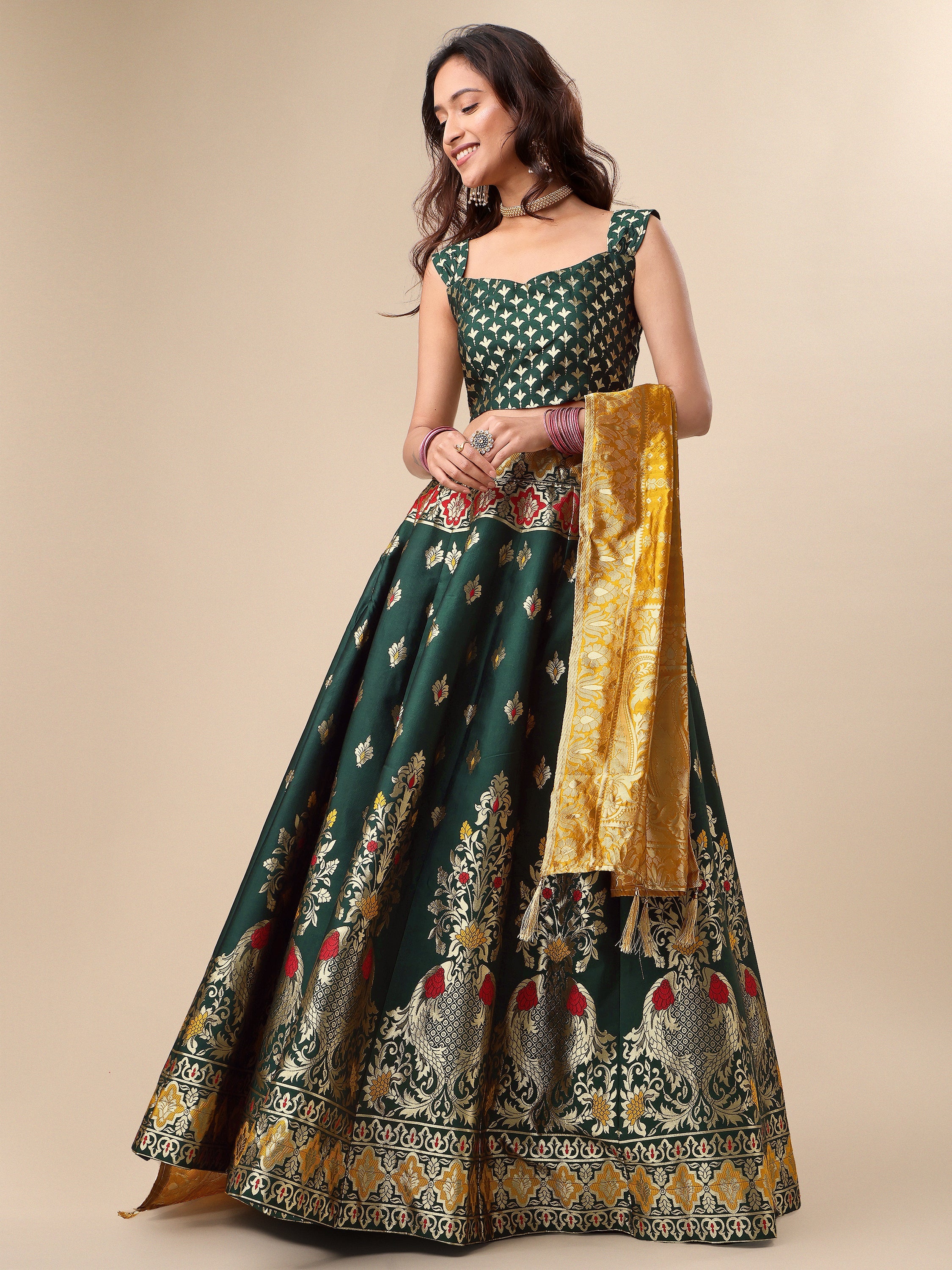 Enhanced Fish Motifs Dark Green Lehenga Choli