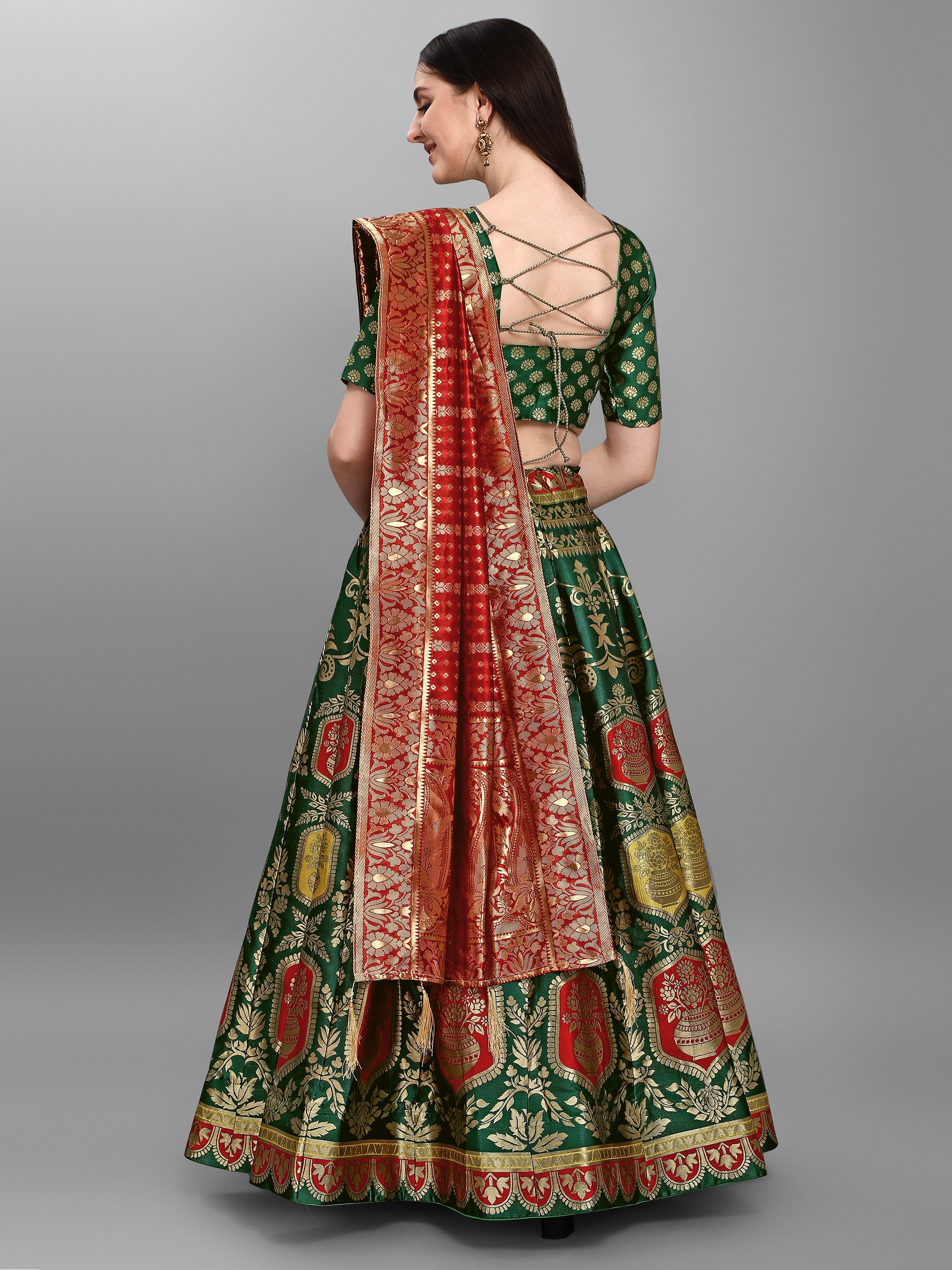 Embellished Woven Kalidar Dark Green Lehenga Choli