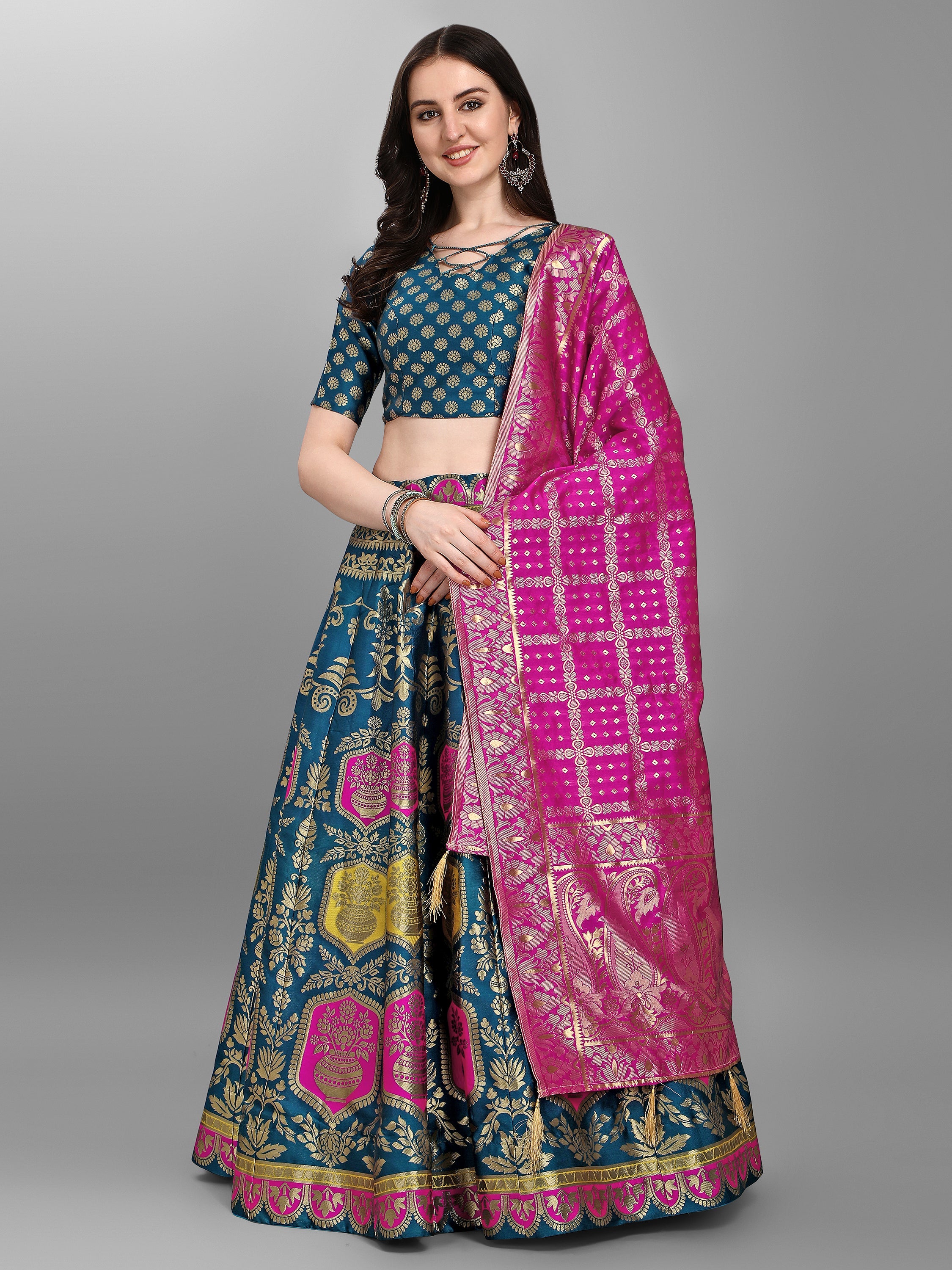 Embellished Woven Kalidar Rama Lehenga Choli