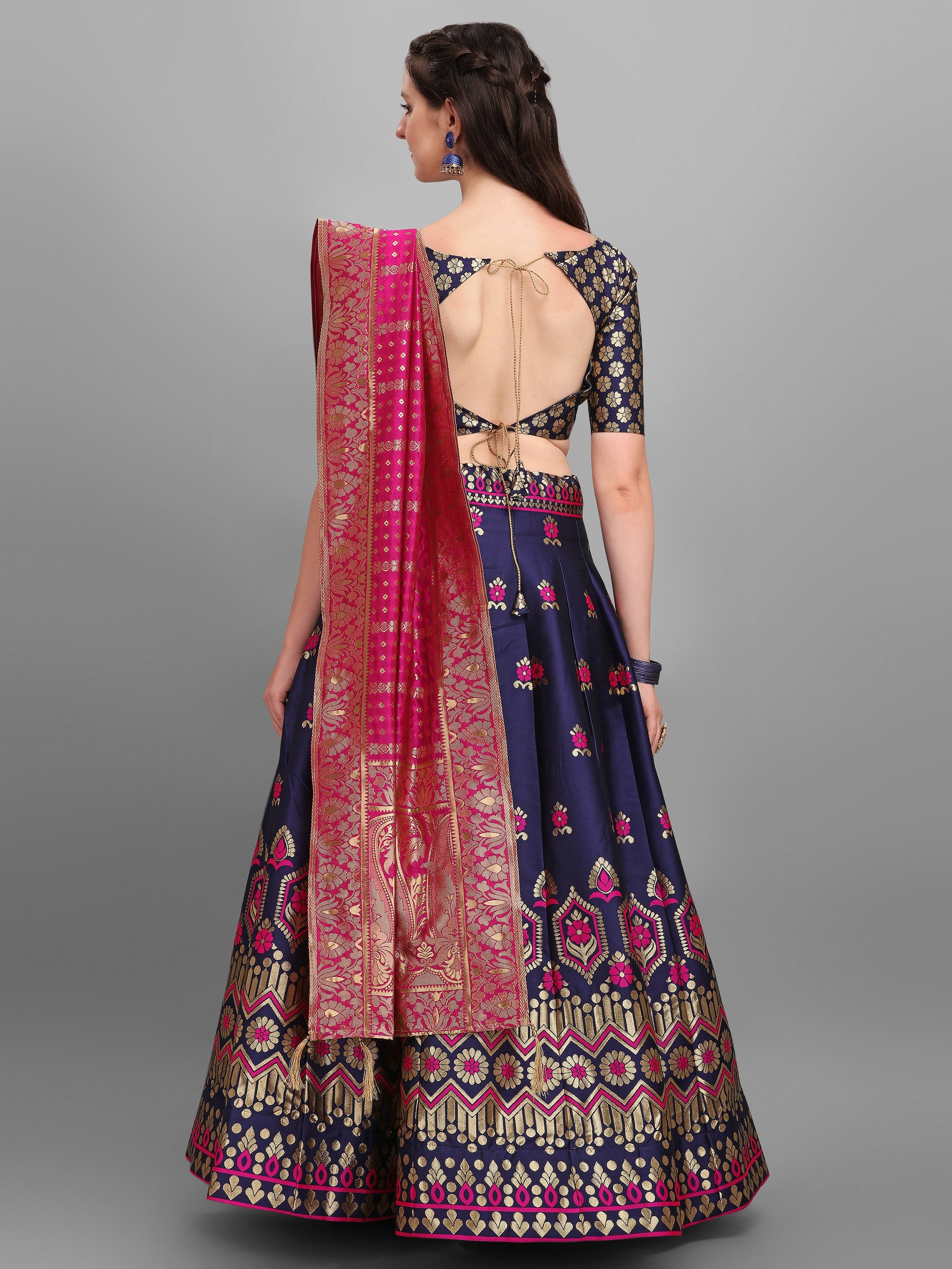 Embellished Floral Woven Navy Blue Lehenga Choli