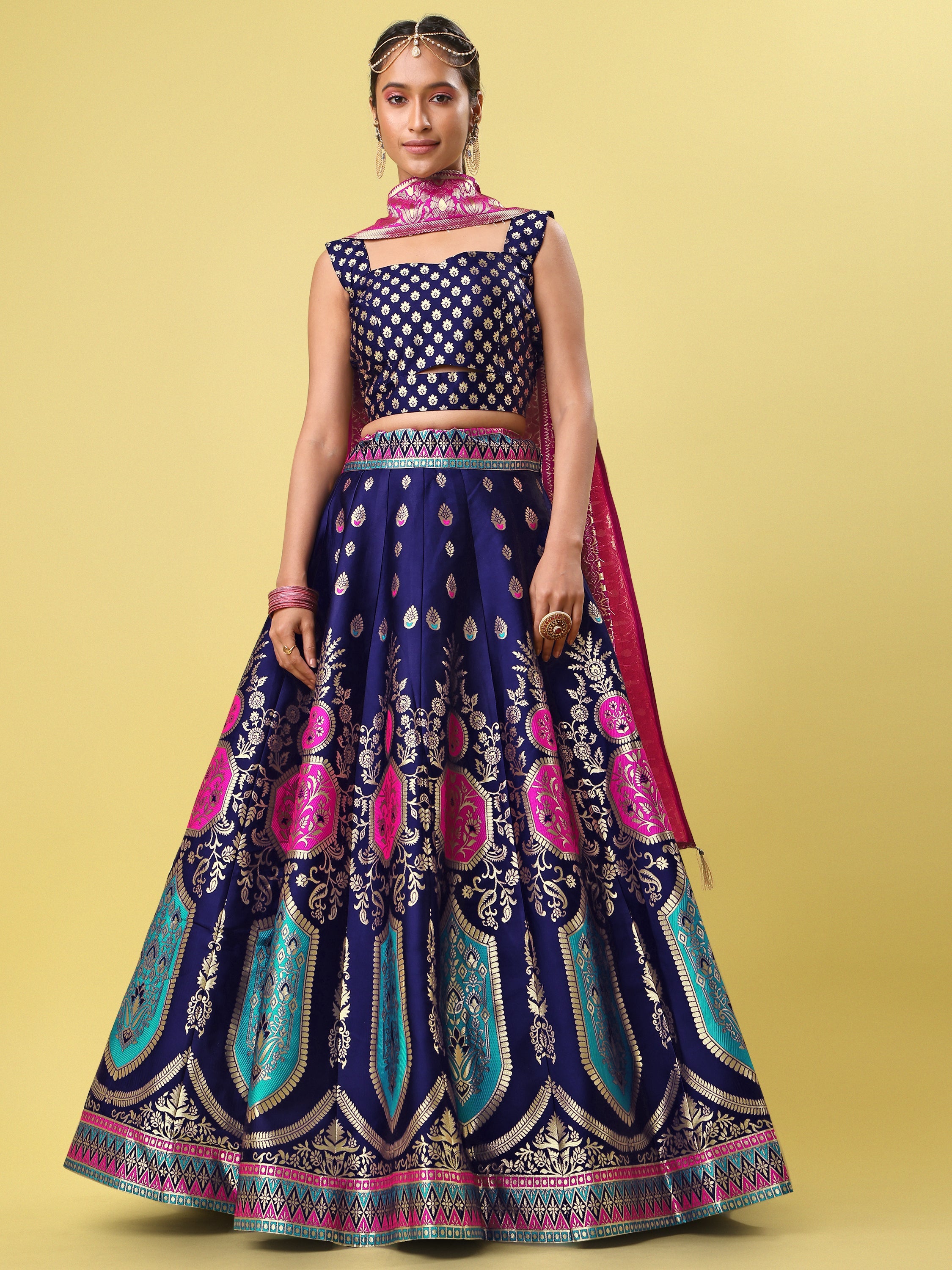Elegant Jacquard Navy Blue Lehenga Choli