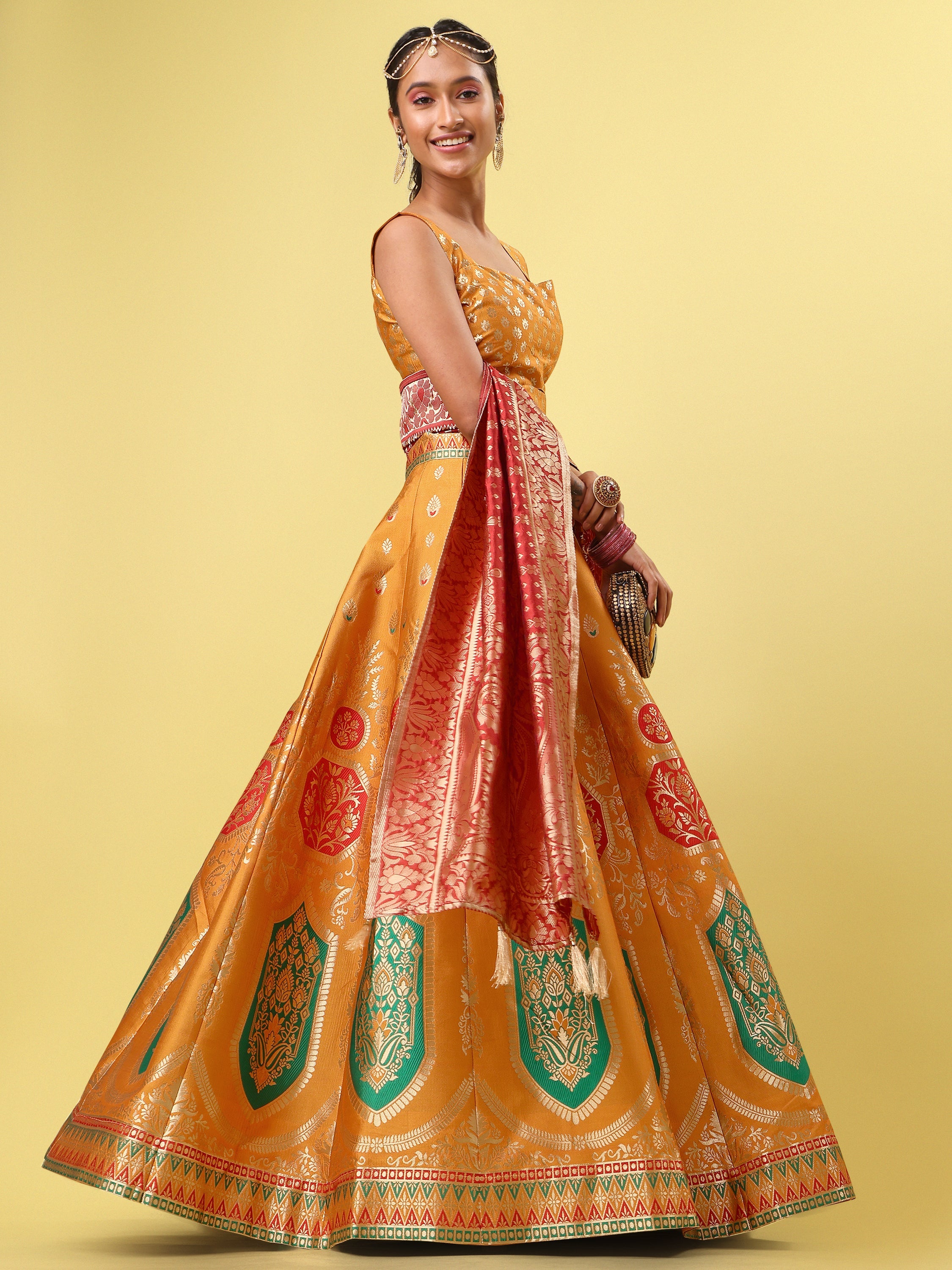 Elegant Jacquard Yellow Lehenga Choli