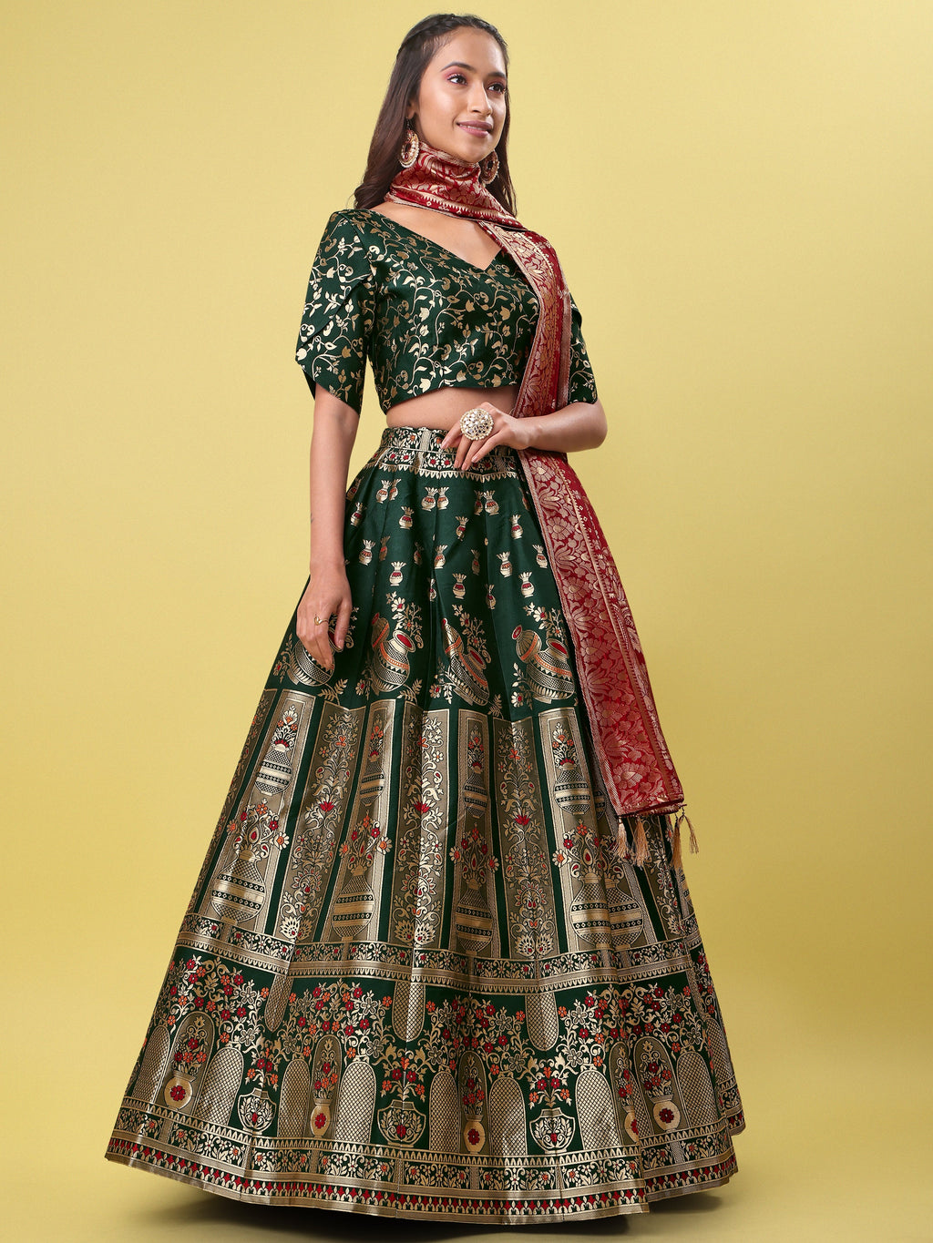 Decorated With Beautiful Flower Motif Dark Green Lehenga Choli