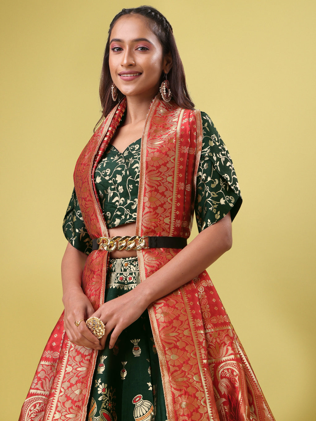 Decorated With Beautiful Flower Motif Dark Green Lehenga Choli